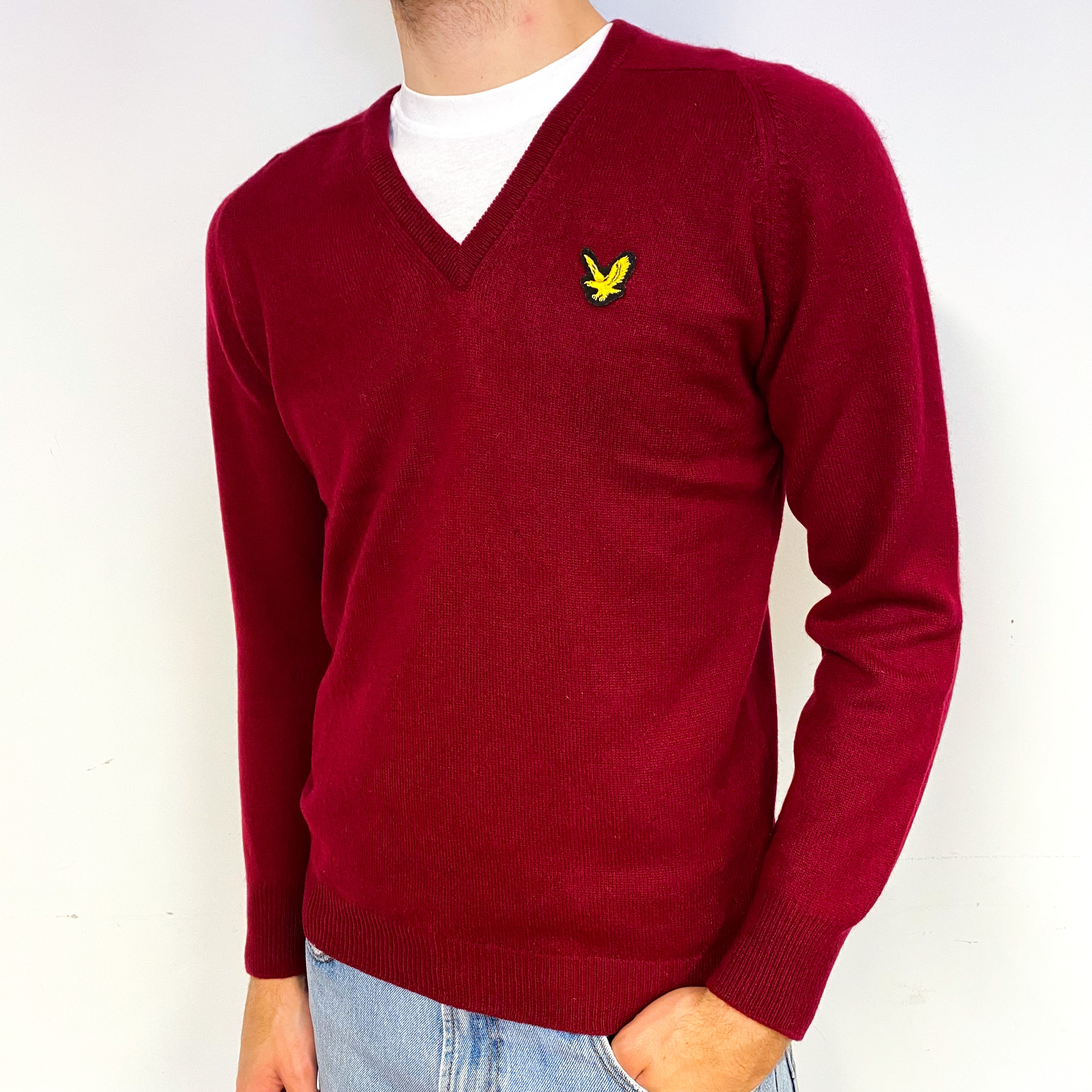 Men's Vintage Scottish Burgundy Red Cashmere V-Neck Jumper Medium