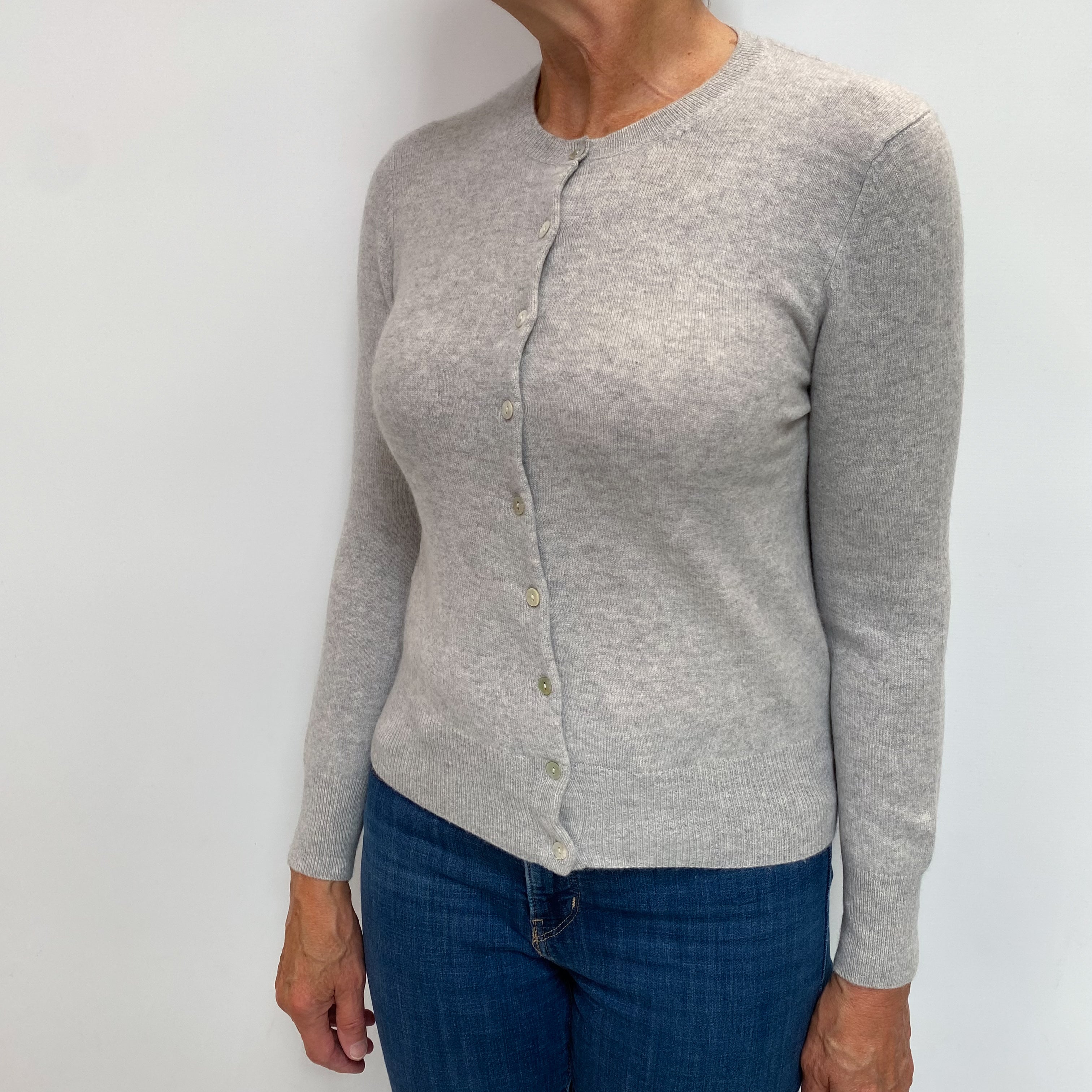 Mist Grey Cashmere Crew Neck Cardigan Medium
