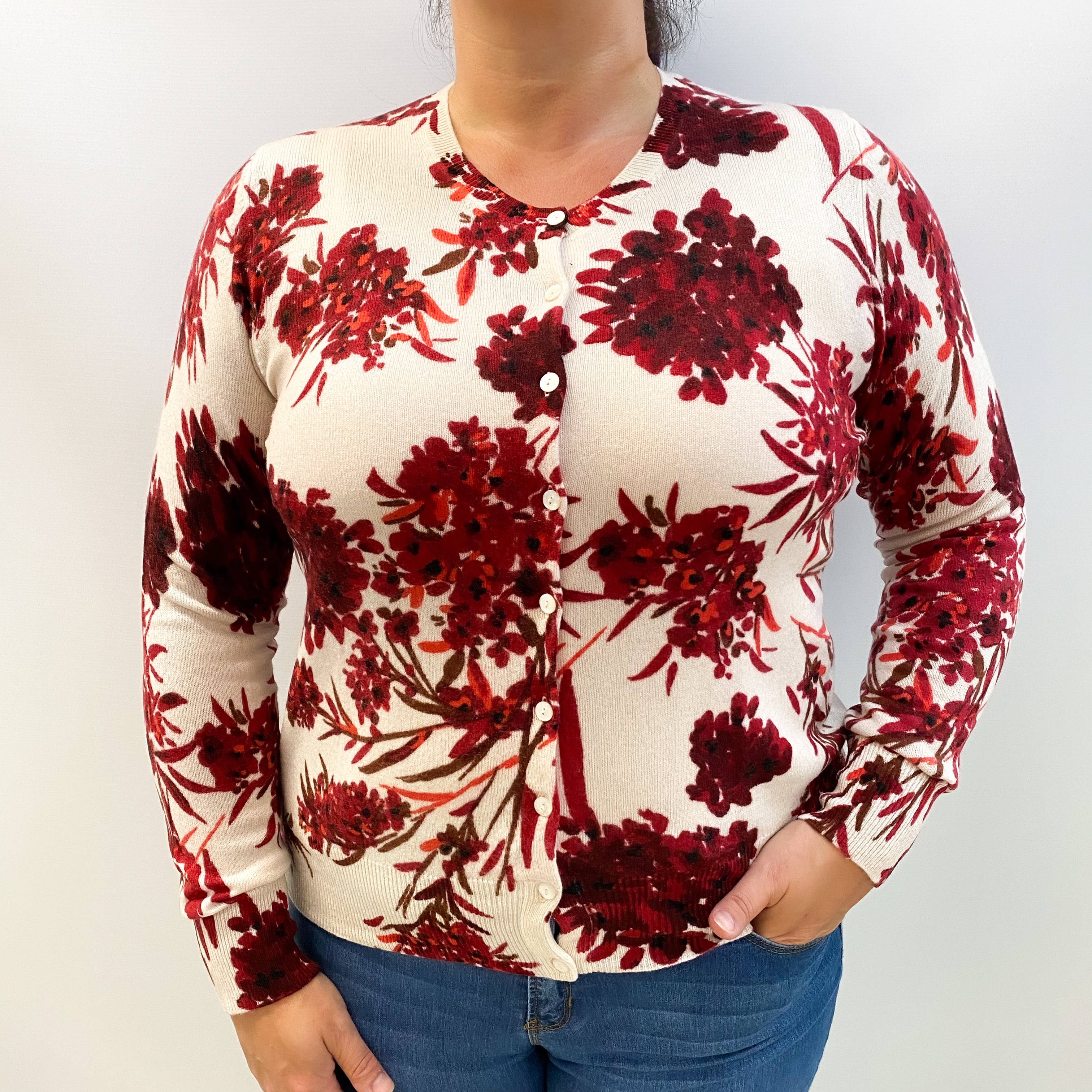 Vanilla Cream and Red Floral Cashmere Crew Neck Cardigan Large