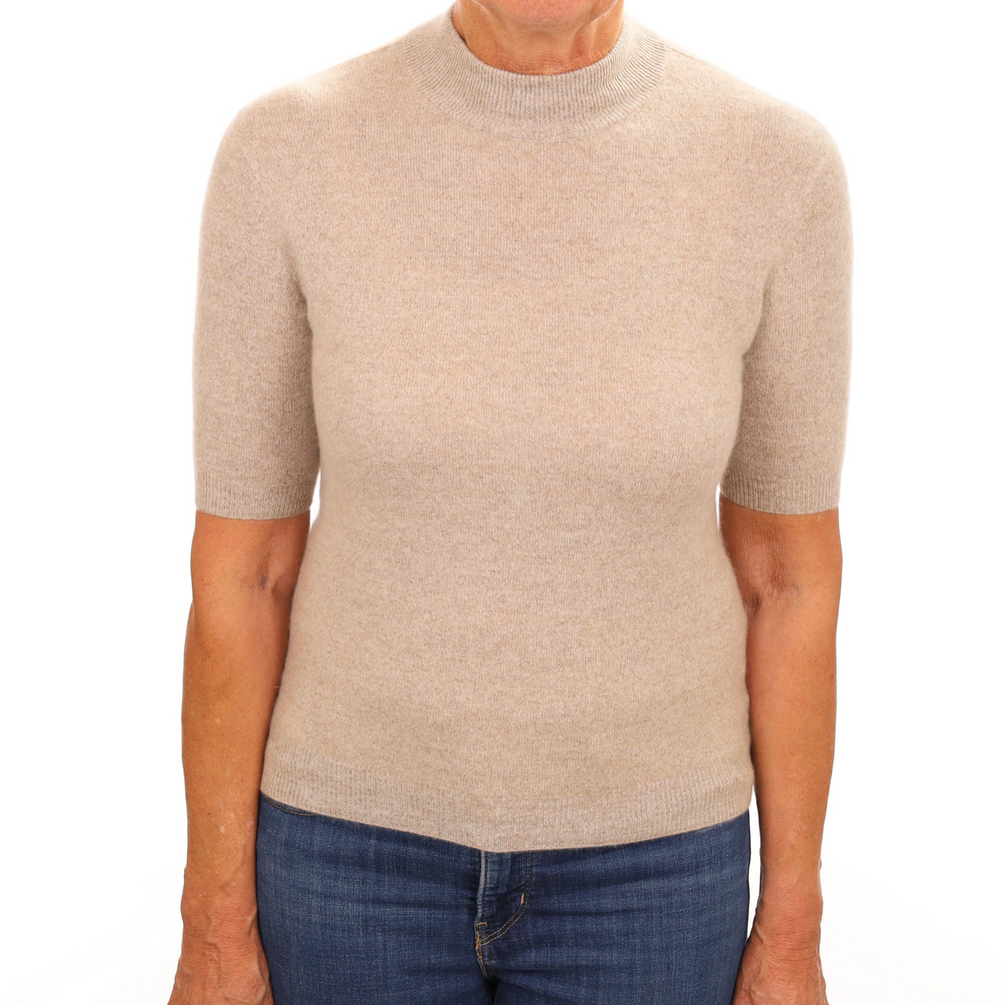 Fawn Beige Cashmere Turtle Neck Short Sleeved Jumper Medium