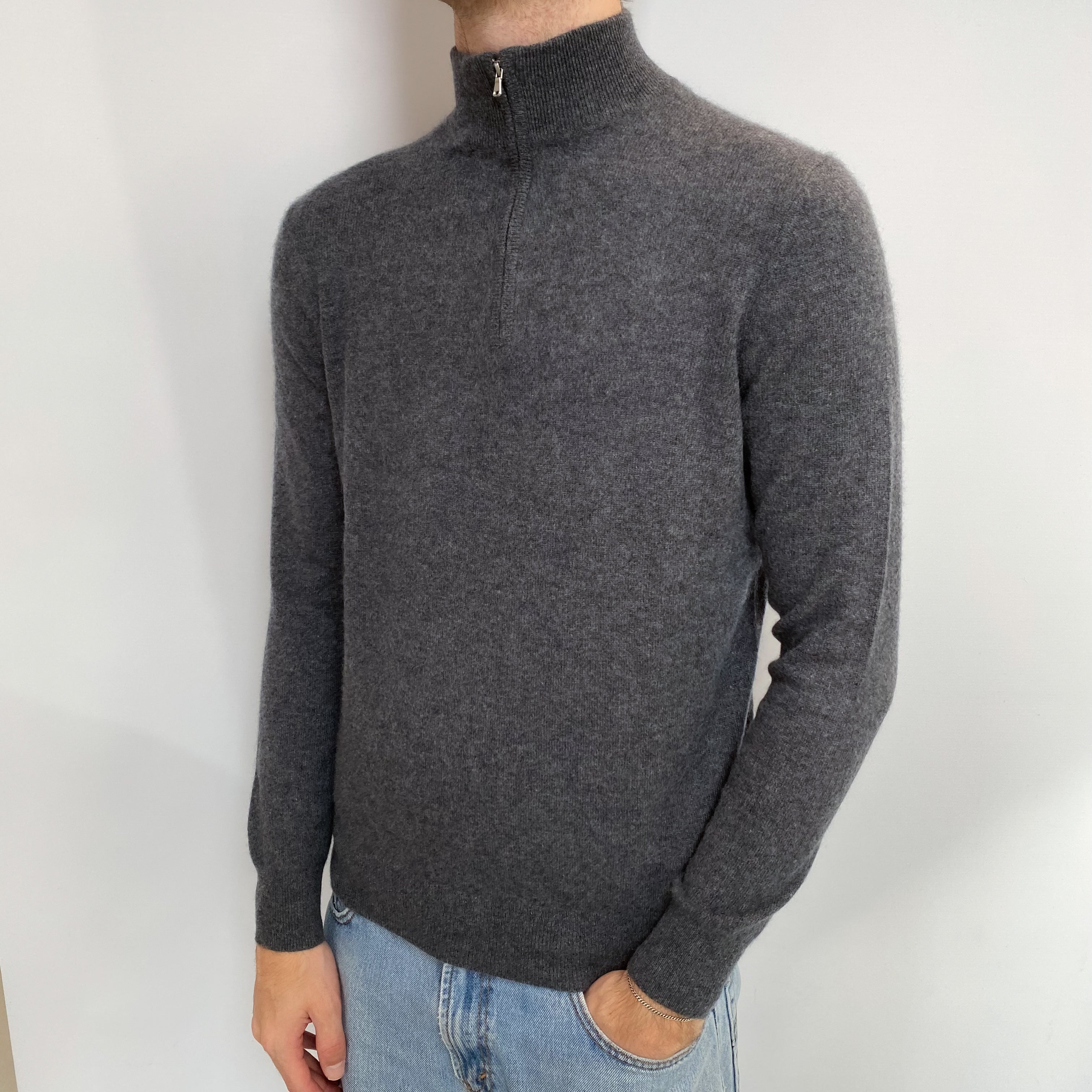 Men's Slate Grey Cashmere 1/4 Zip Jumper Large