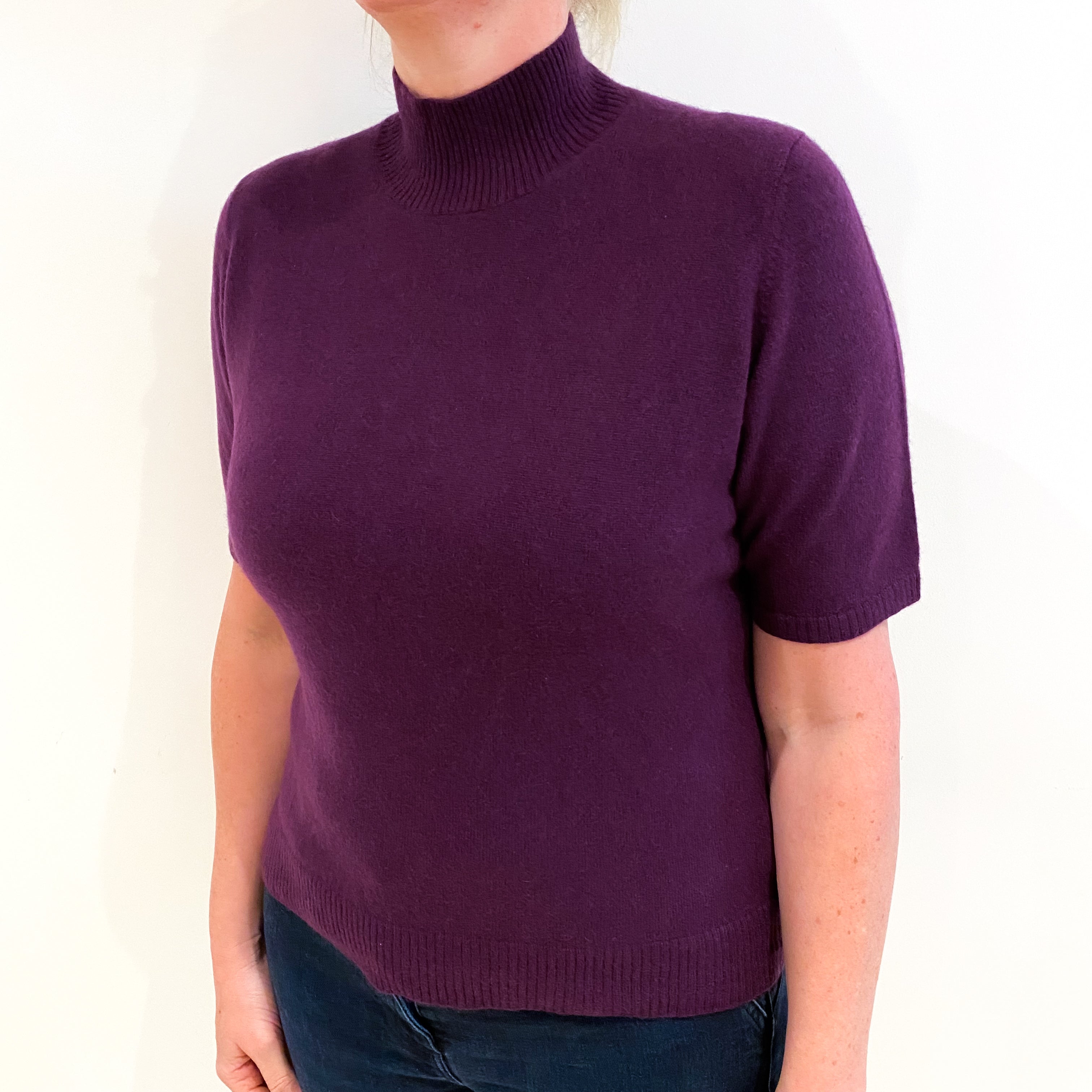 Plum Purple Cashmere Turtle Neck Short Sleeved Jumper Large