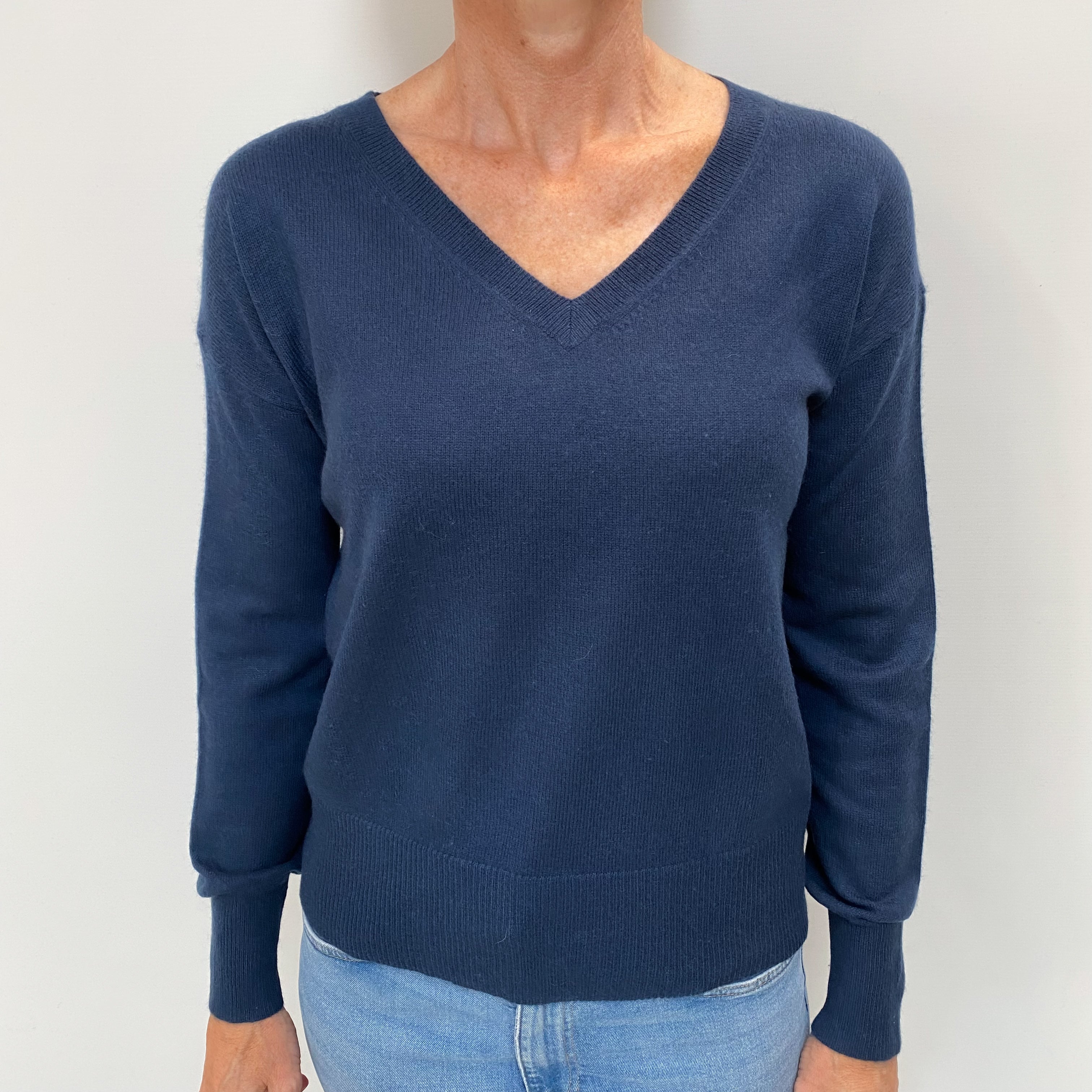 Midnight Blue Cashmere V Neck Jumper Small