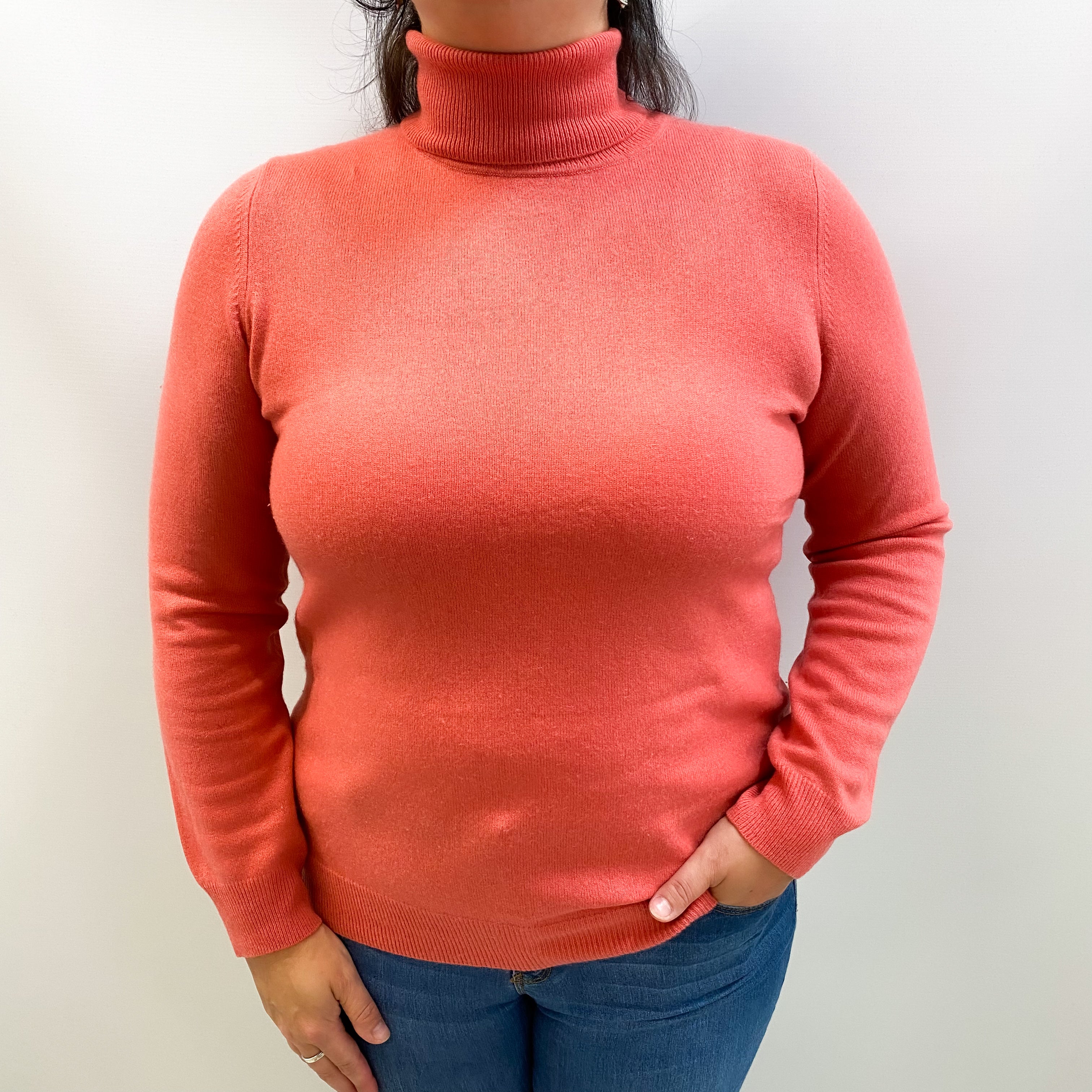 Strawberry Pink Cashmere Polo Neck Jumper Large