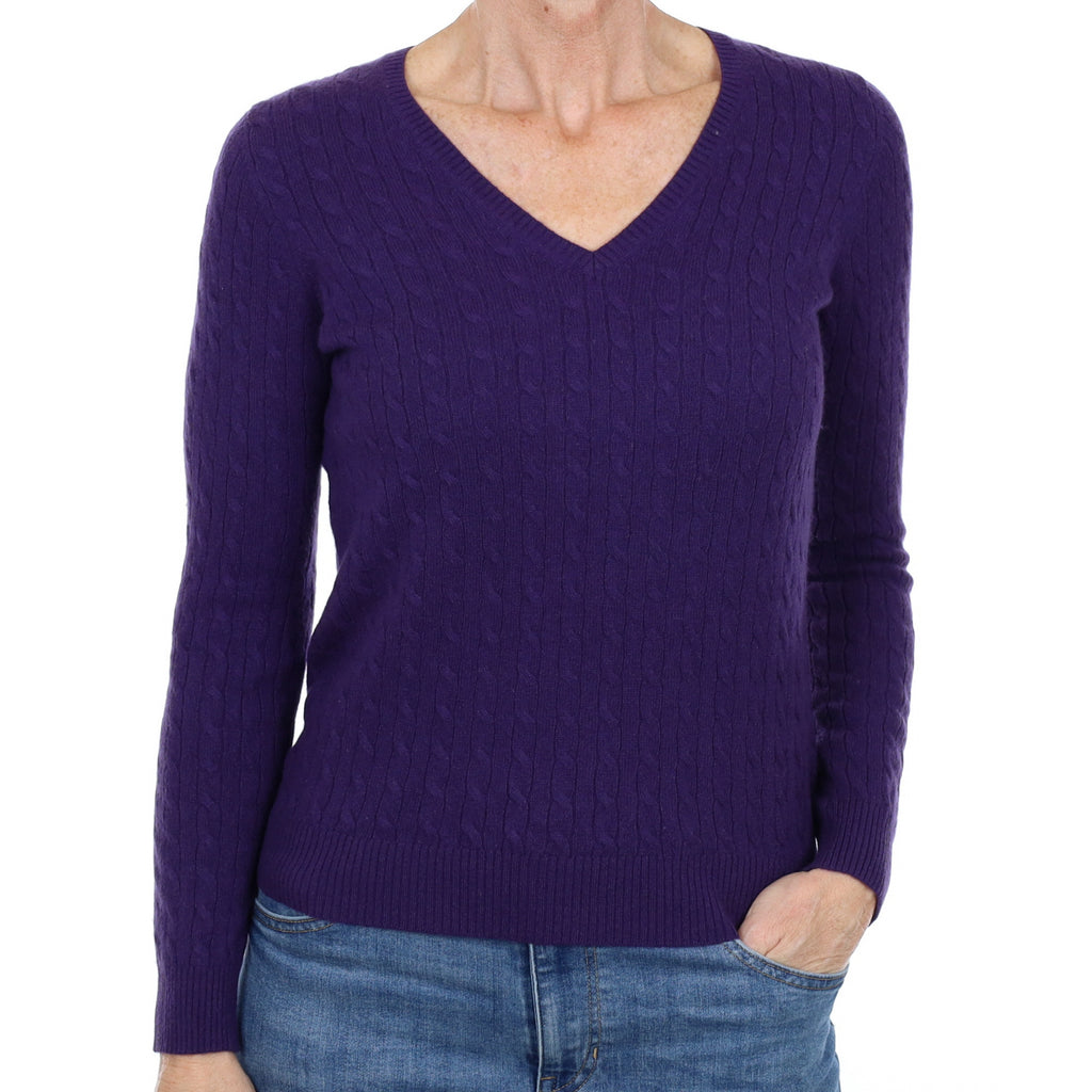 Grape Purple Cashmere V Neck Cable Knit Jumper Small