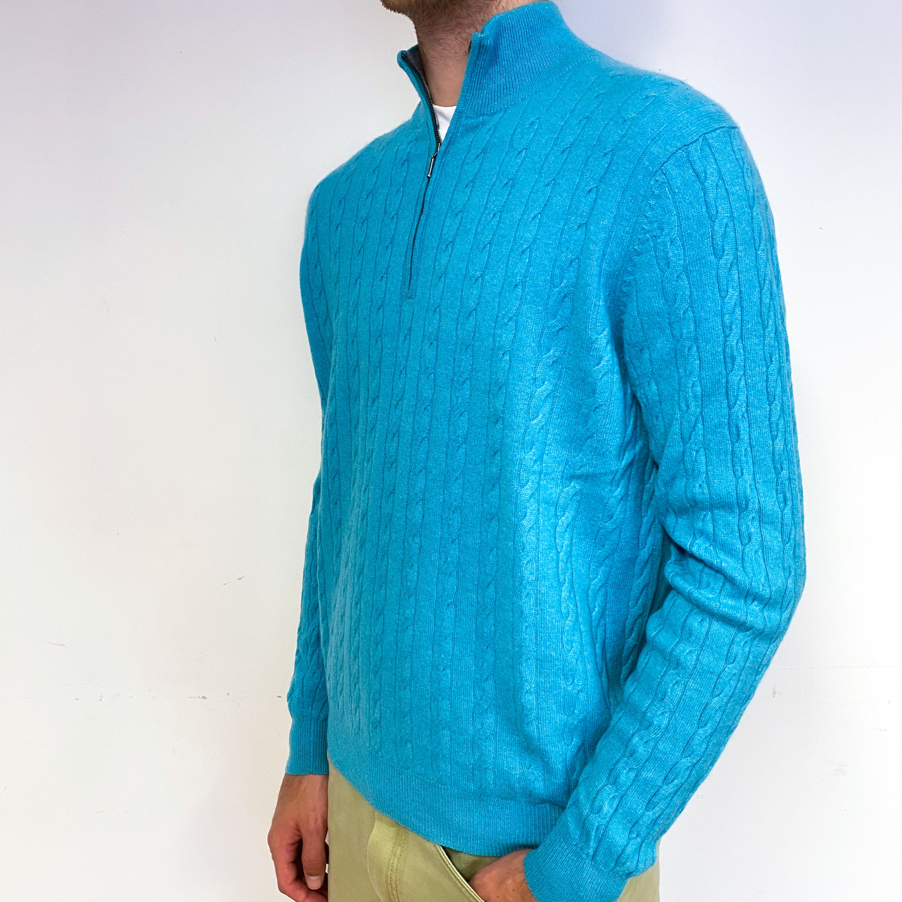 Men's Aqua Blue Cable Cashmere 1/4 Zip Jumper Large