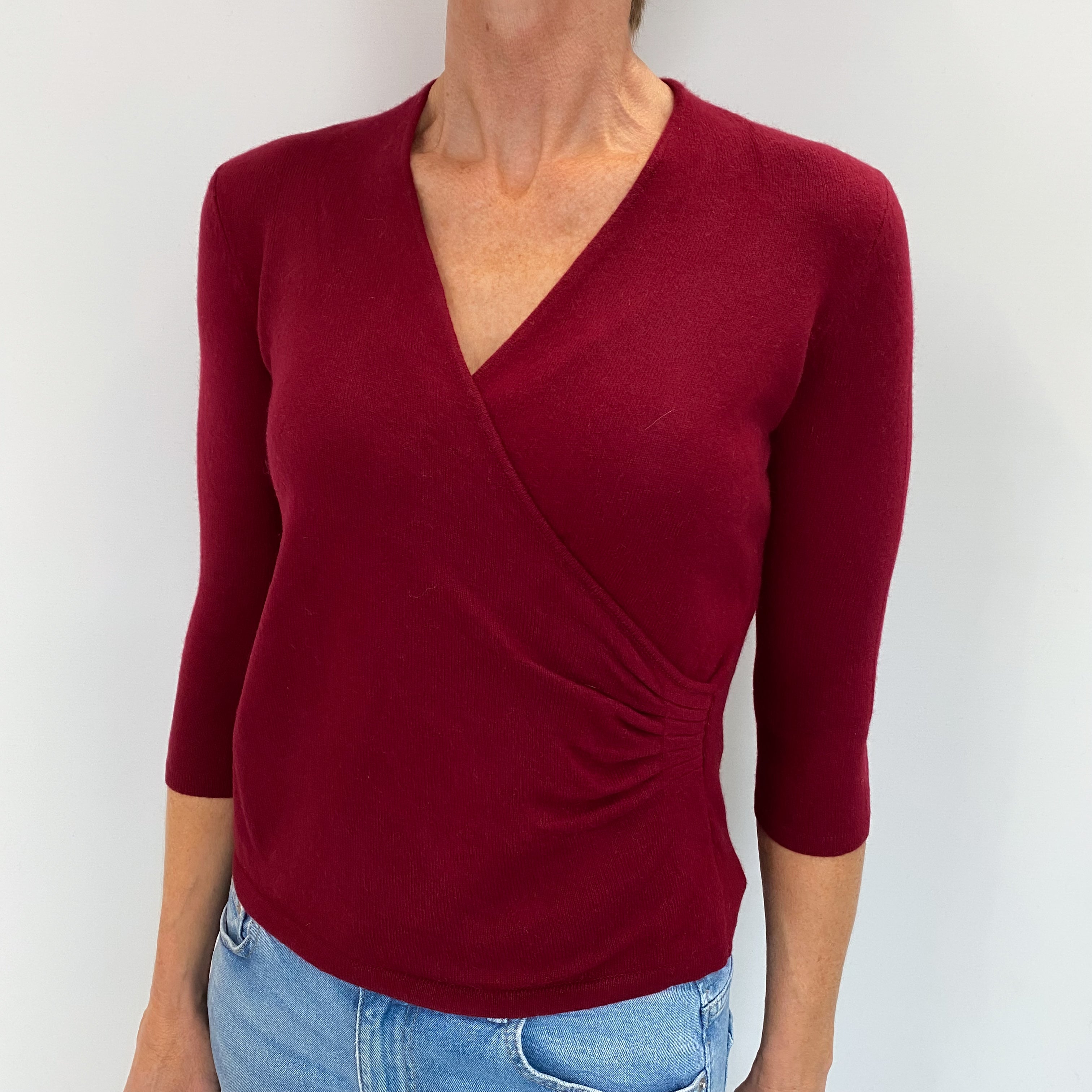 Burgundy Red Cashmere Cross Over V Neck Jumper Small