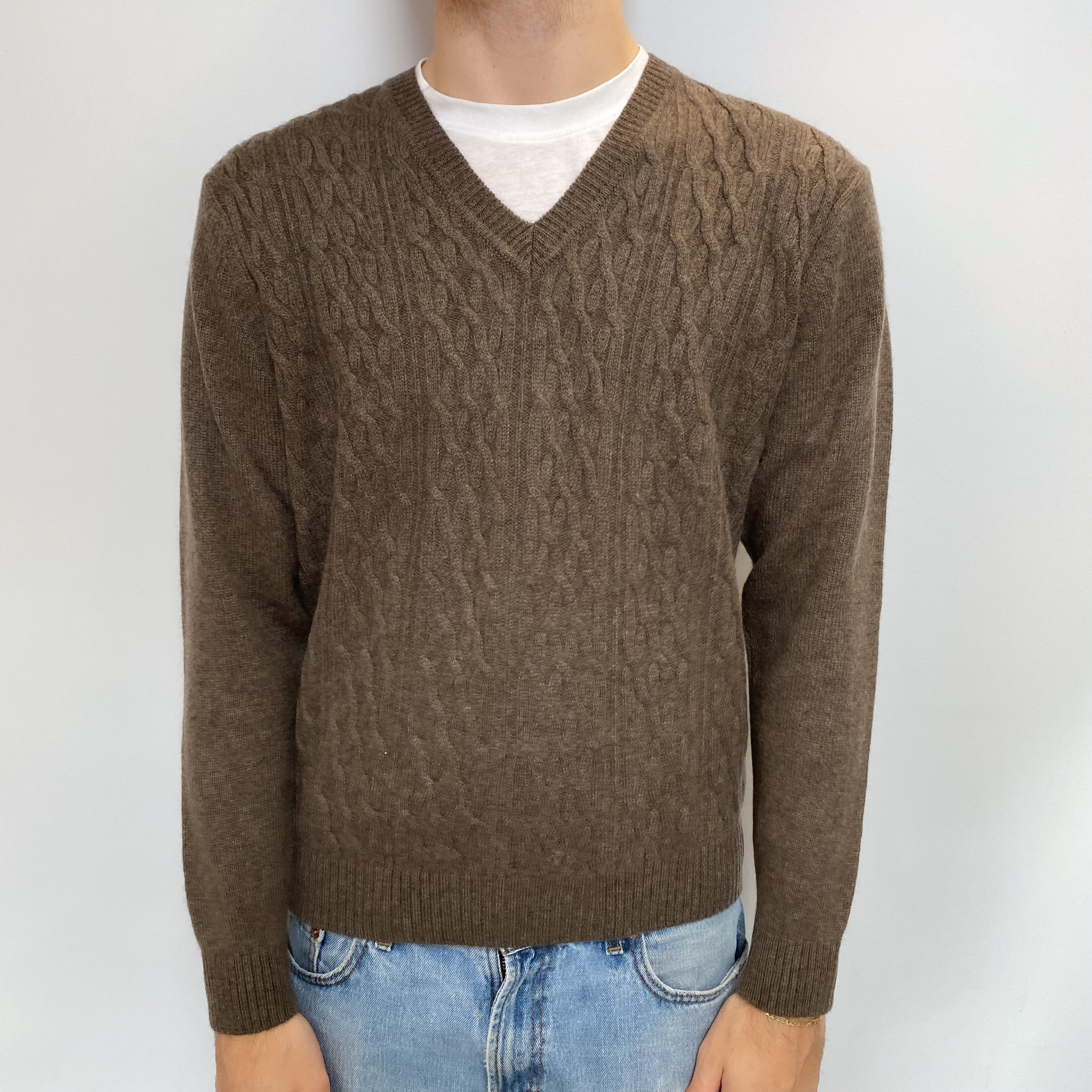 Men's Mocha Brown Cashmere V Neck Jumper Large