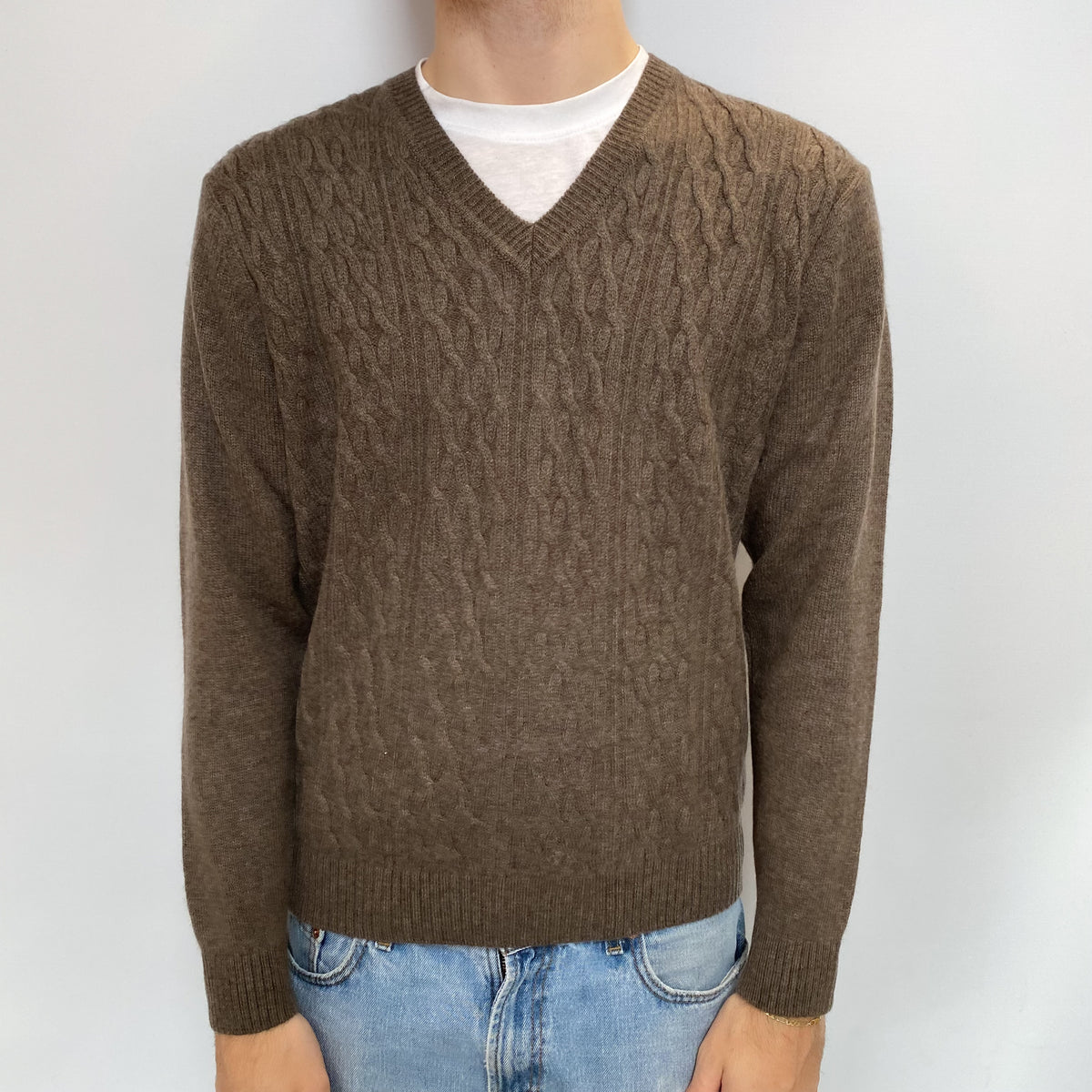 Men's Mocha Brown Cashmere V Neck Jumper Large
