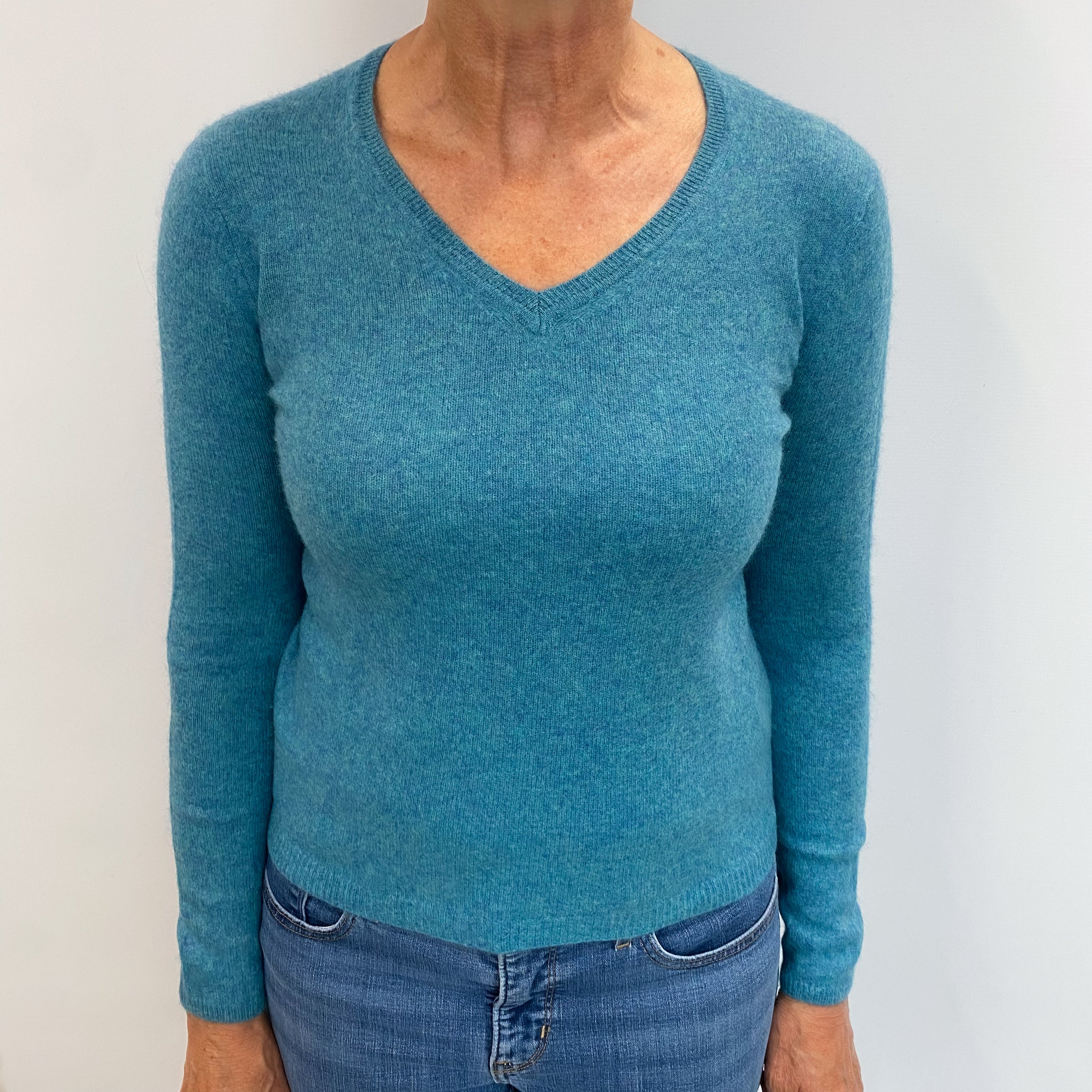 Muted Aqua Marl Cashmere V Neck Jumper Medium