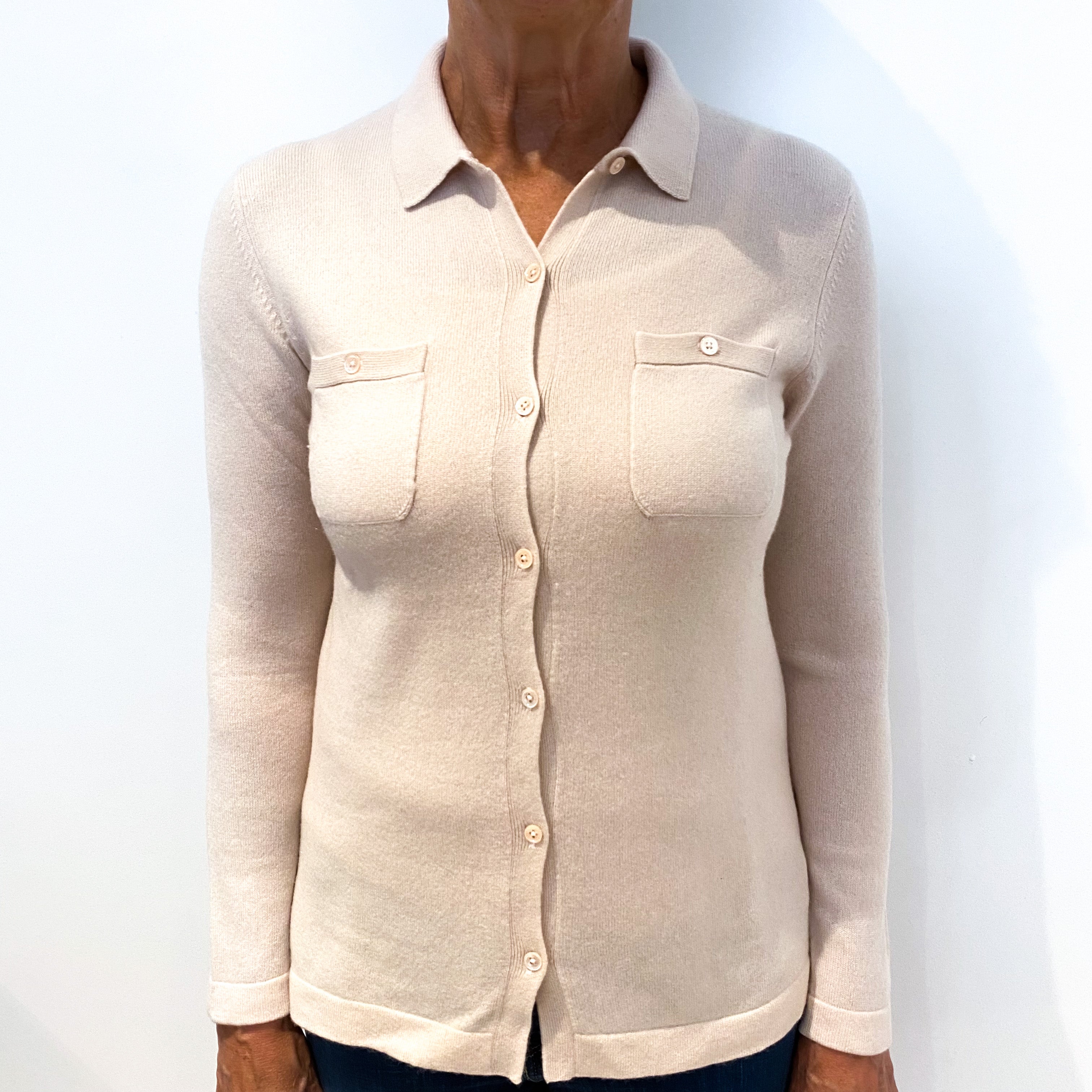 Oyster Pink Collared Cashmere Cardigan Medium