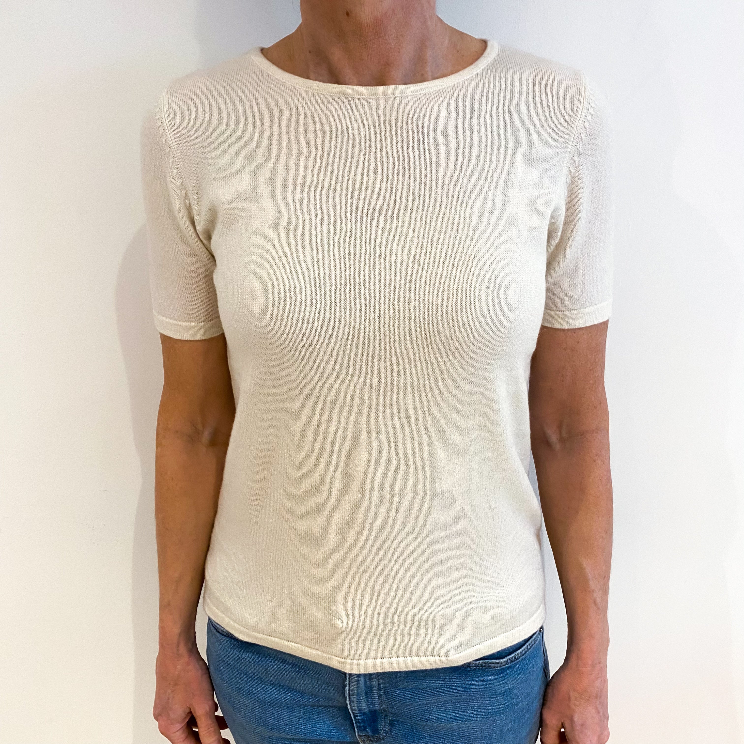 Ivory Cream Cashmere Crew Neck Short Sleeved Jumper Small