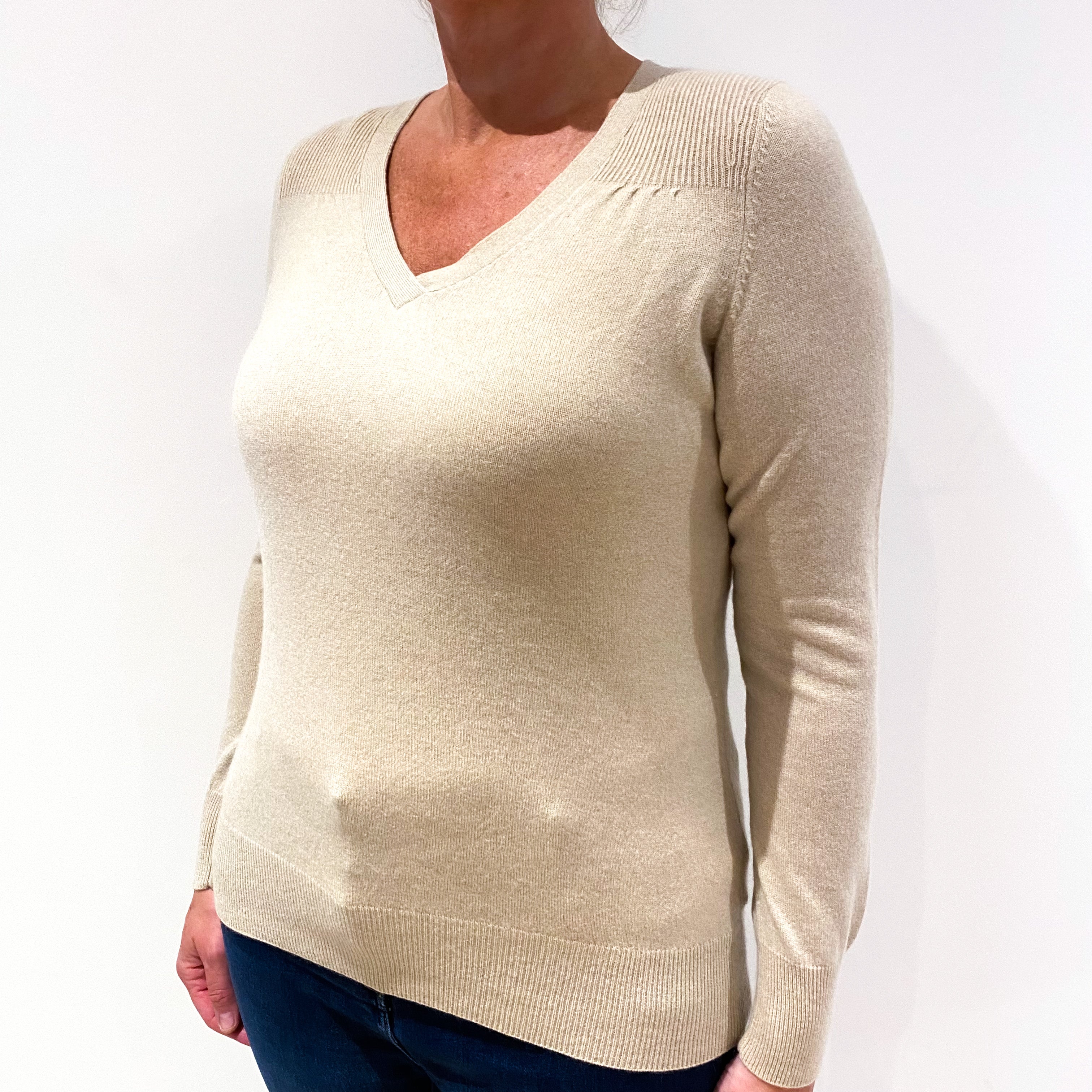 Oatmeal Cashmere V-Neck Jumper Large