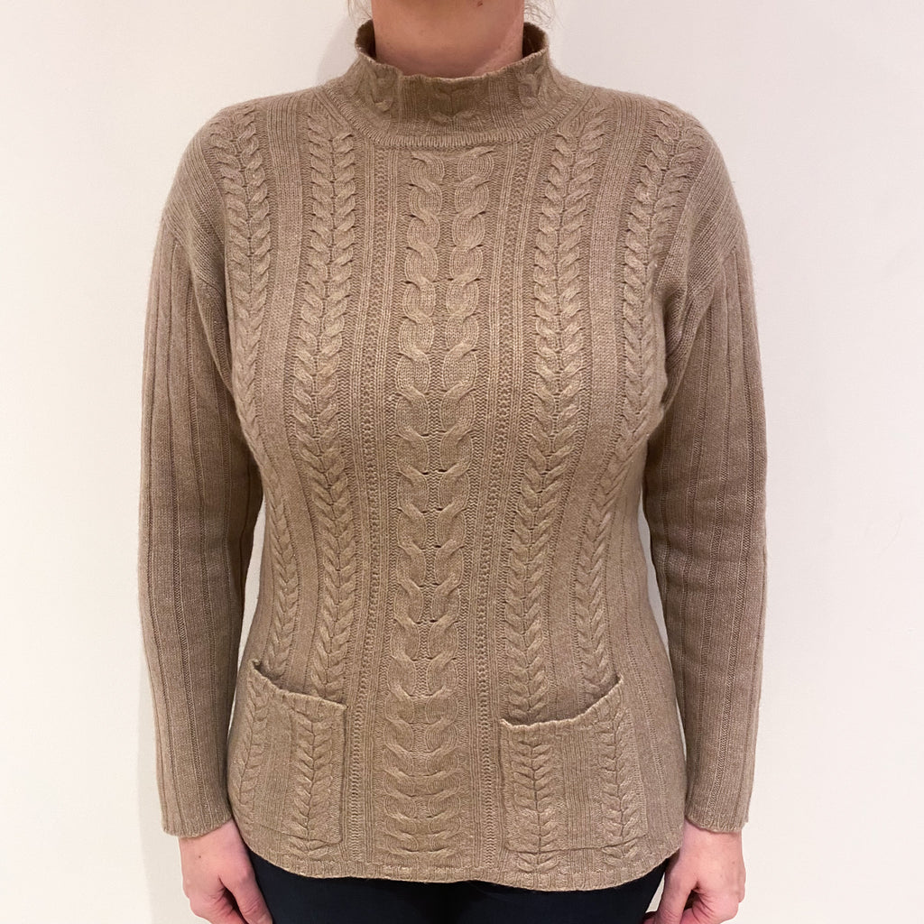 Fawn Brown Cable Cashmere Funnel Neck Jumper with Pockets Large