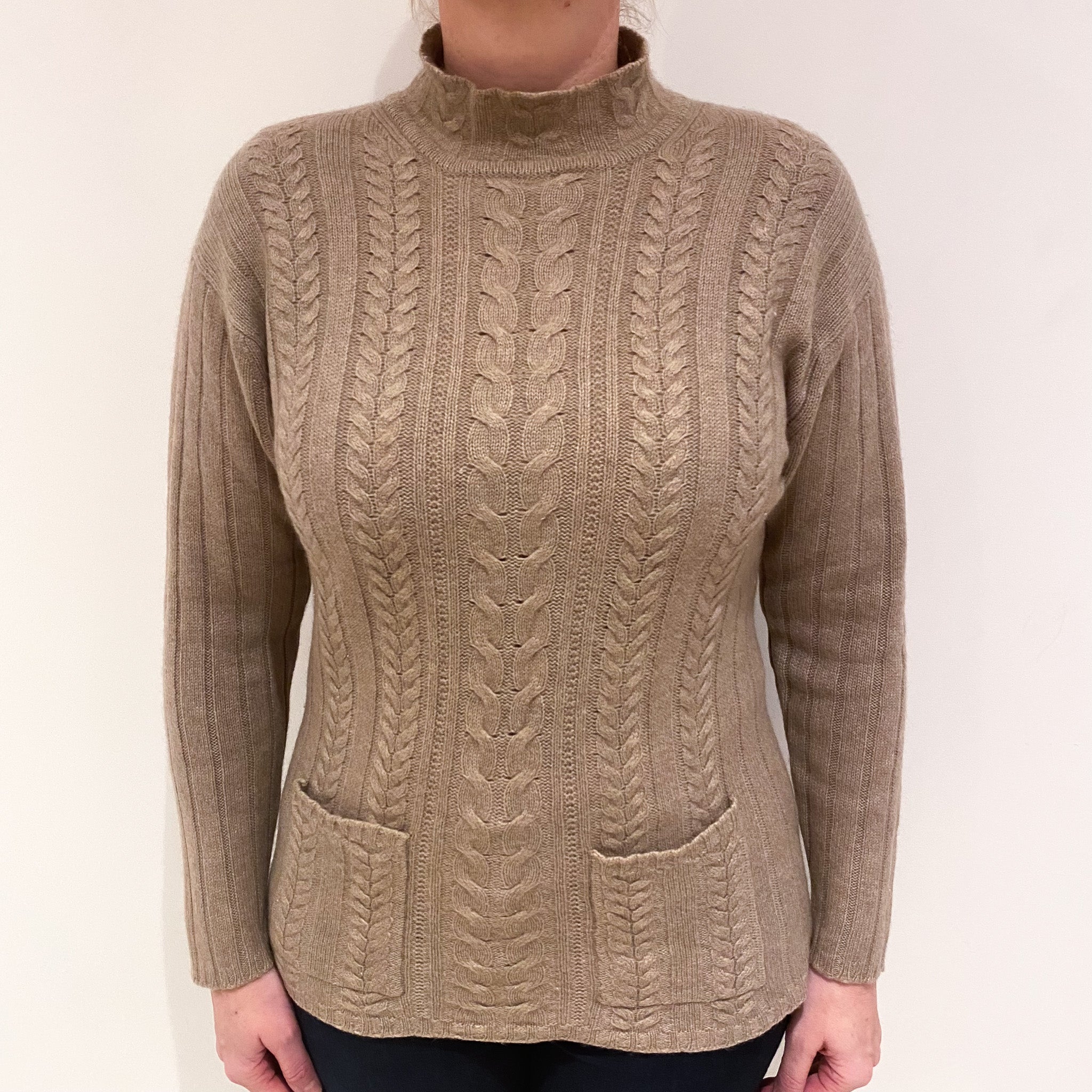 Fawn Brown Cable Cashmere Funnel Neck Jumper with Pockets Large
