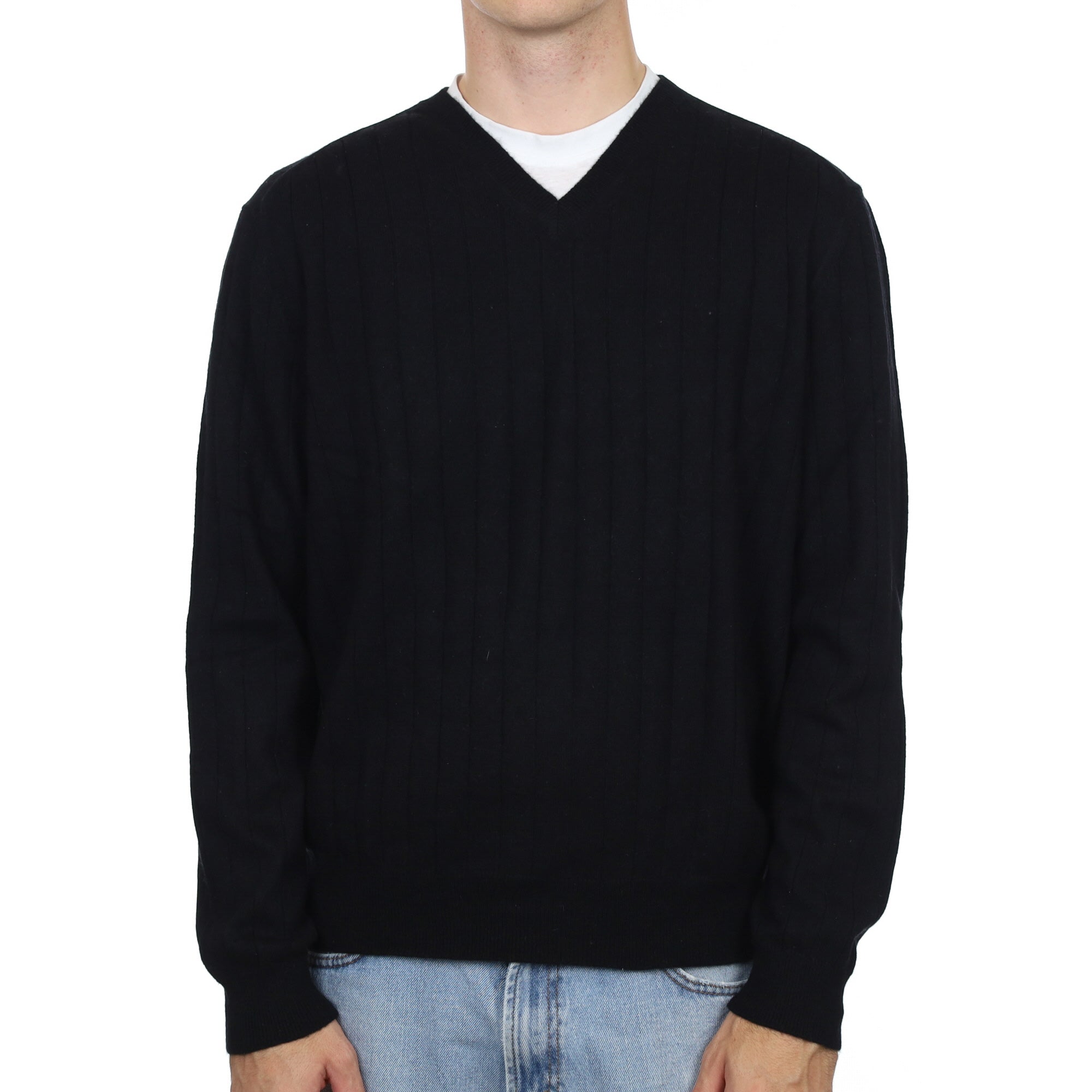 Men's Black Cashmere V Neck Rib Knit Jumper Large
