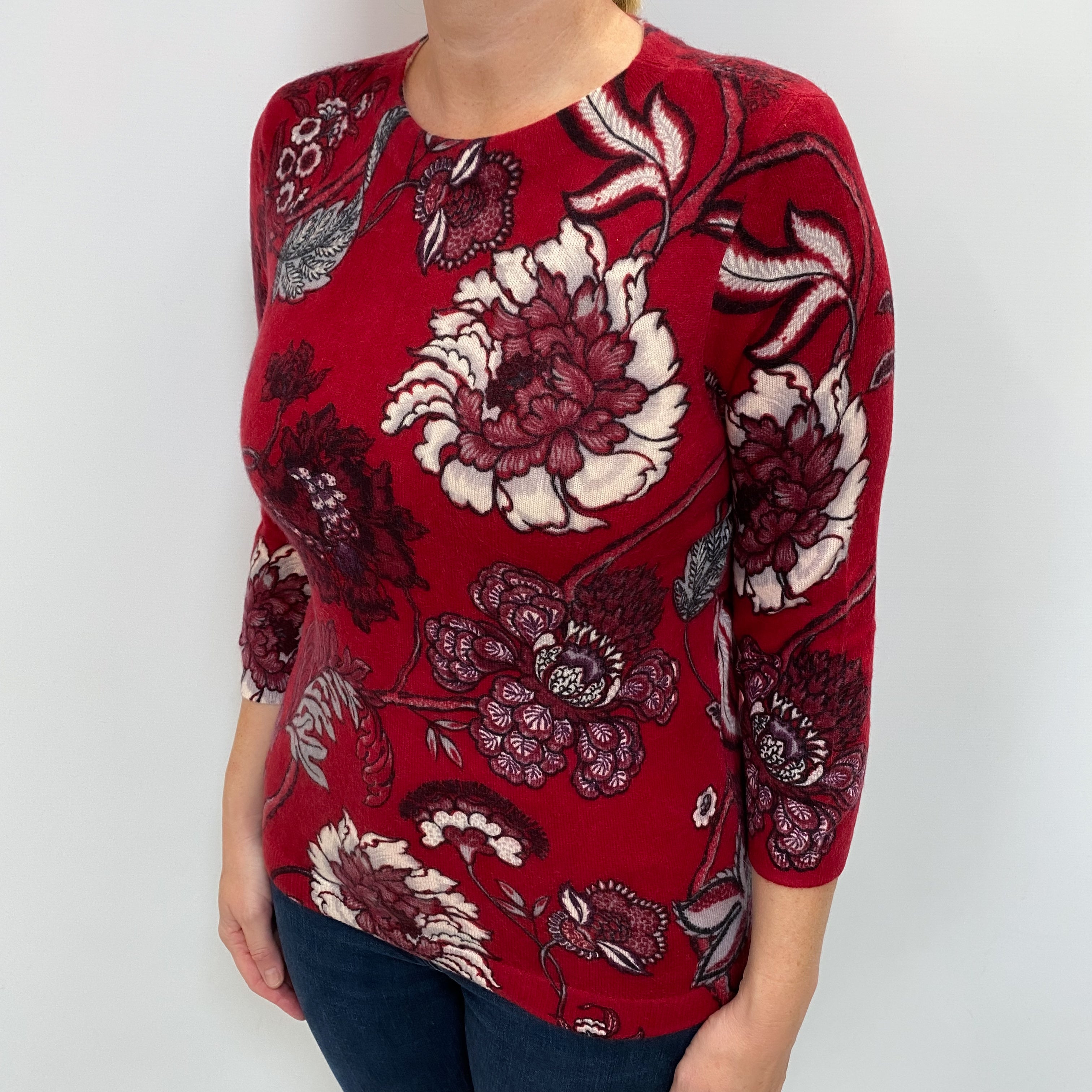 Red Floral Cashmere Crew Neck Jumper Large