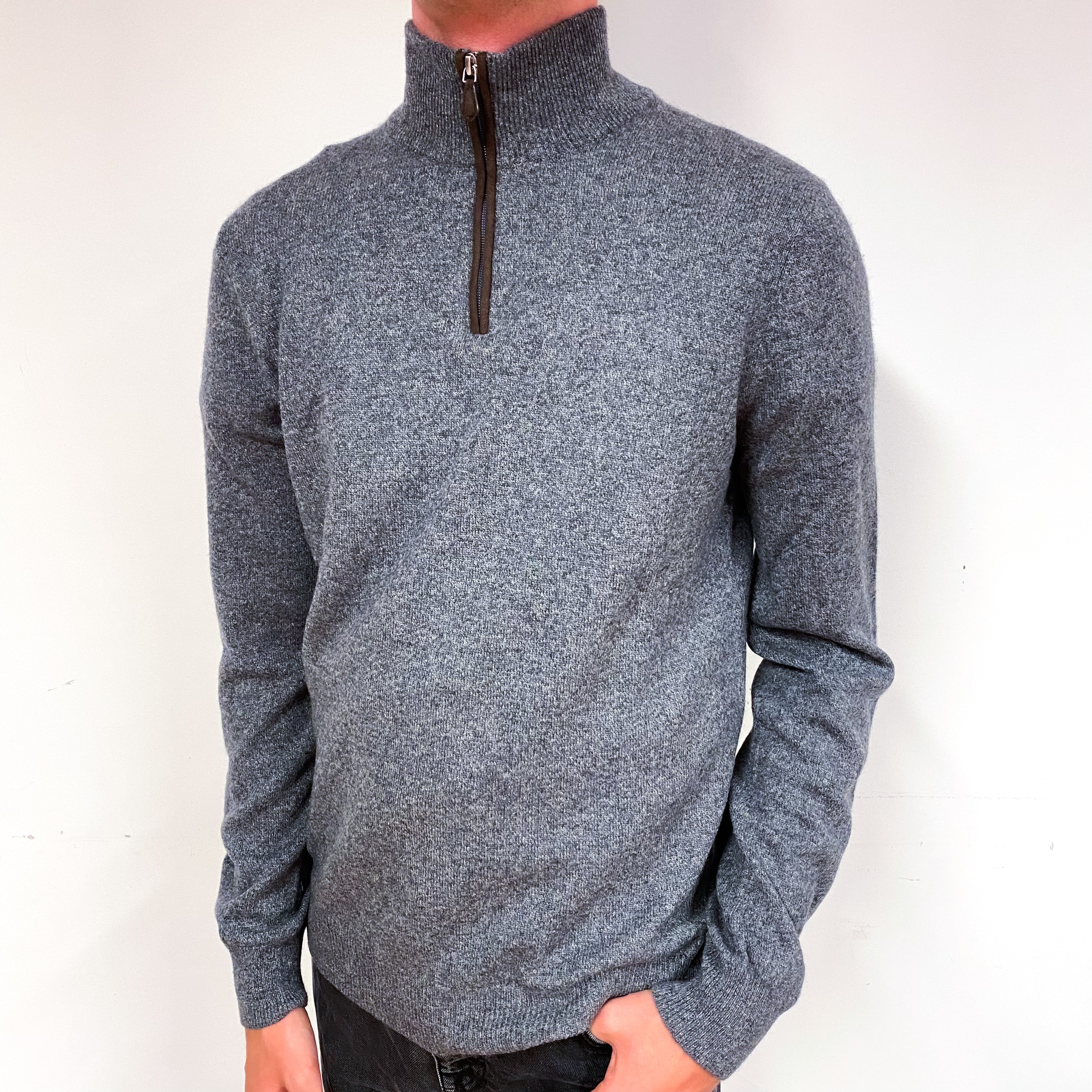 Men's Slate Grey Marl Cashmere 1/4 Zip Jumper Small