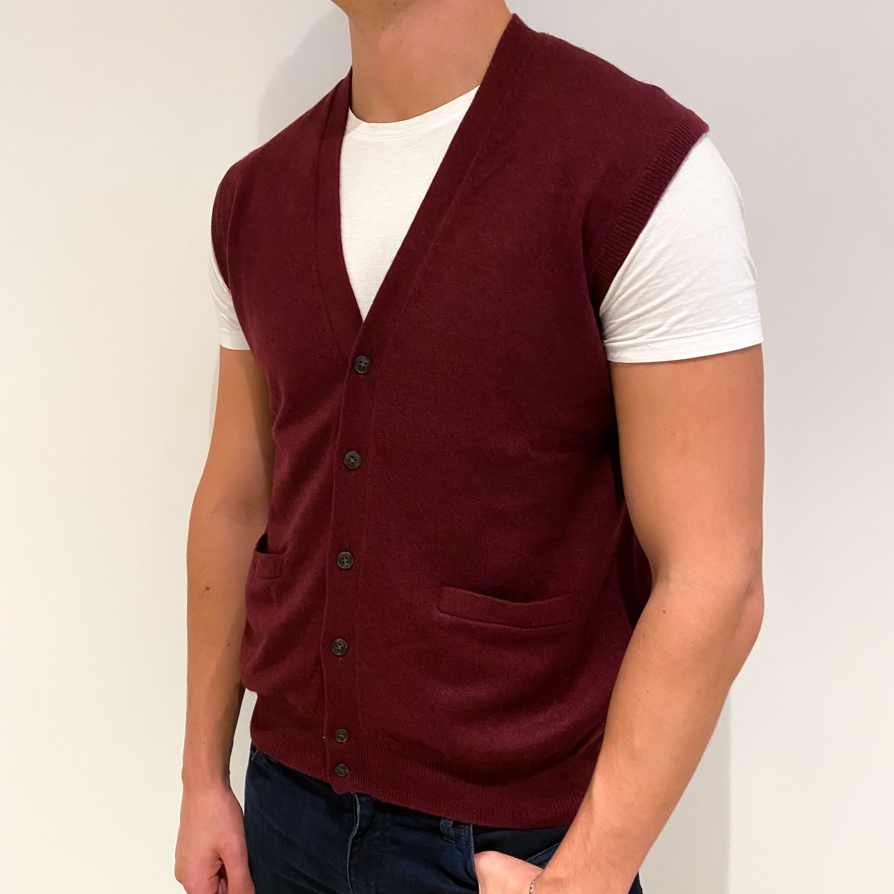 Men's Wine Red Cashmere V-Neck Waist Coat Extra Large