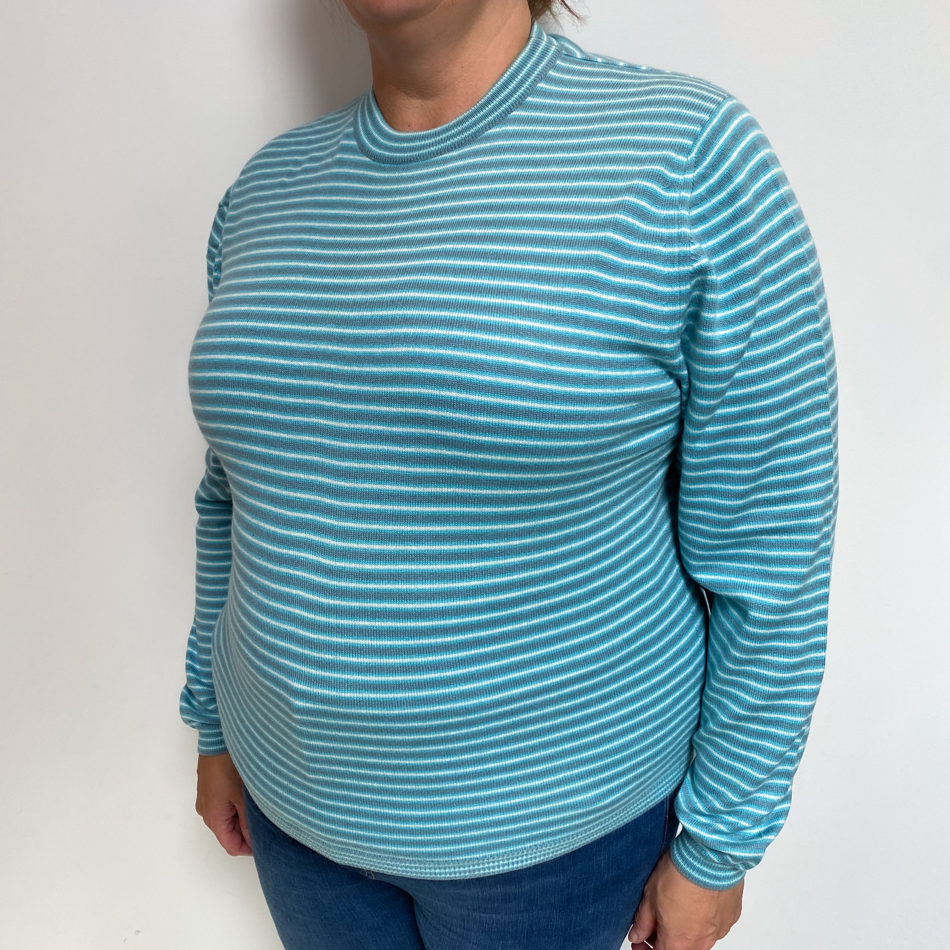Italian Aqua Blue Stripe Cashmere Crew Neck Jumper Extra Large