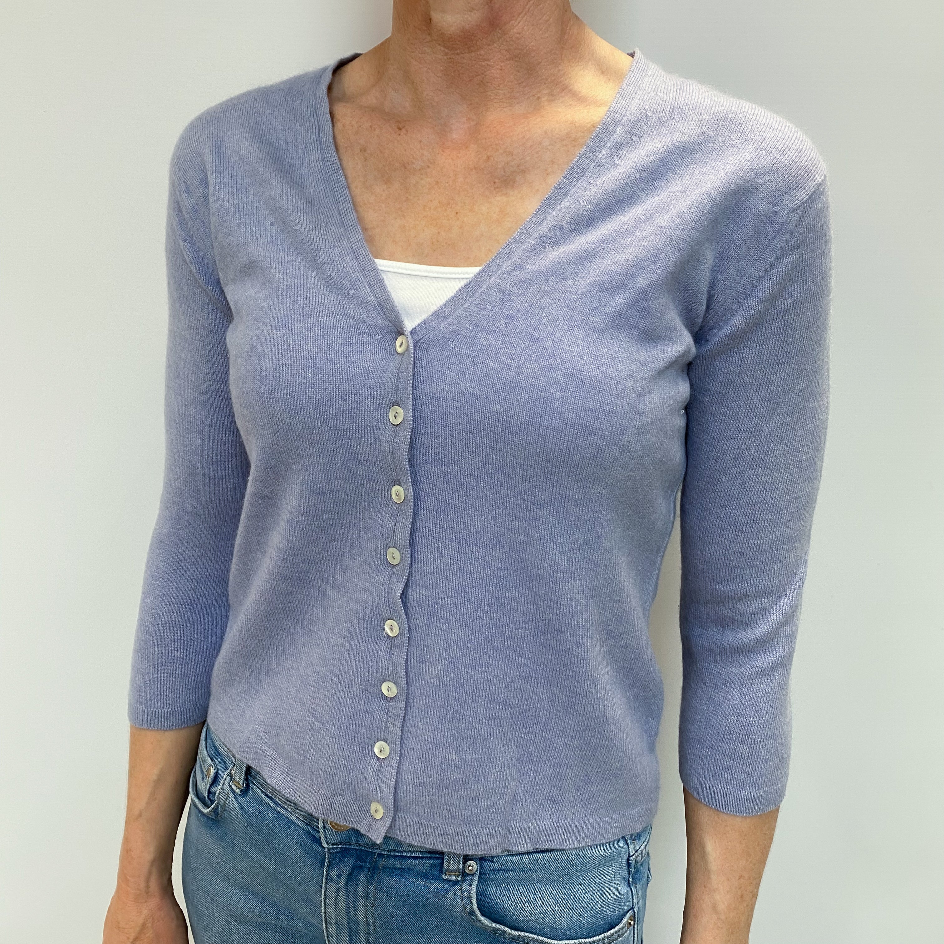 Brora Pale Lavender Cashmere V Neck Cardigan Small