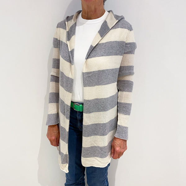 Grey and Cream Striped Hooded Cashmere Edge To Edge Cardigan Medium