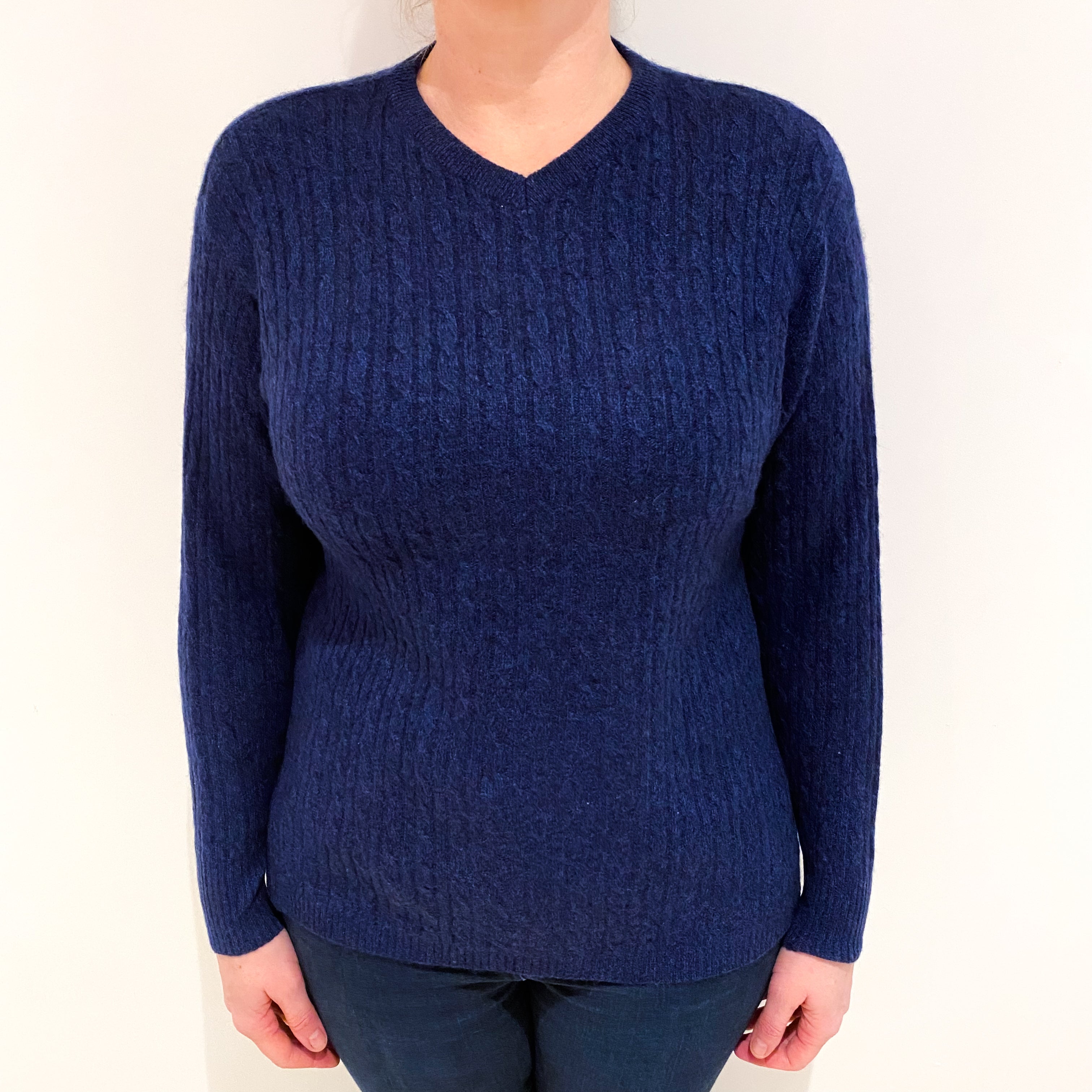 Midnight Blue Marl Cashmere V Neck Jumper Large