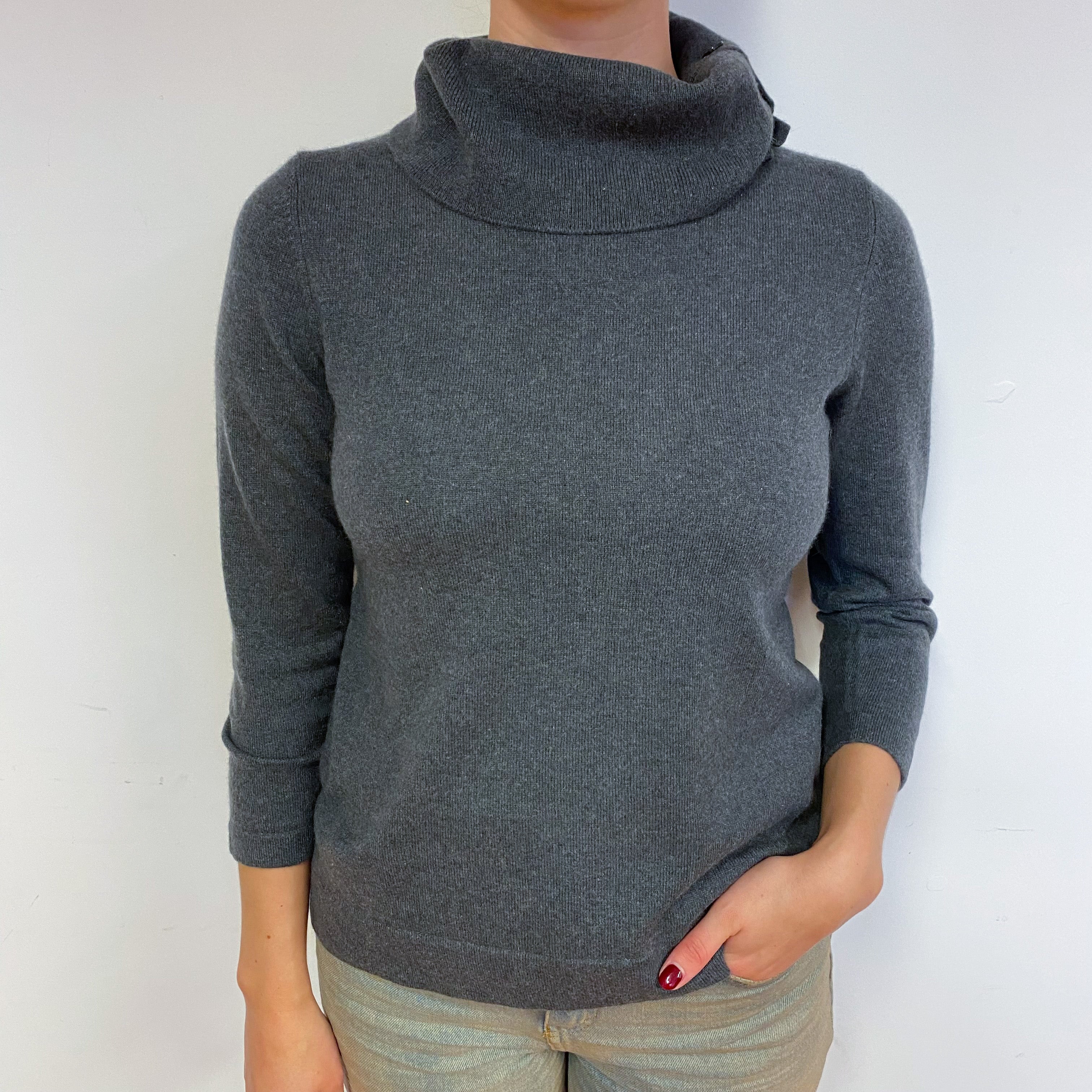 Slate Grey Boxy Cashmere Polo Neck Jumper Small