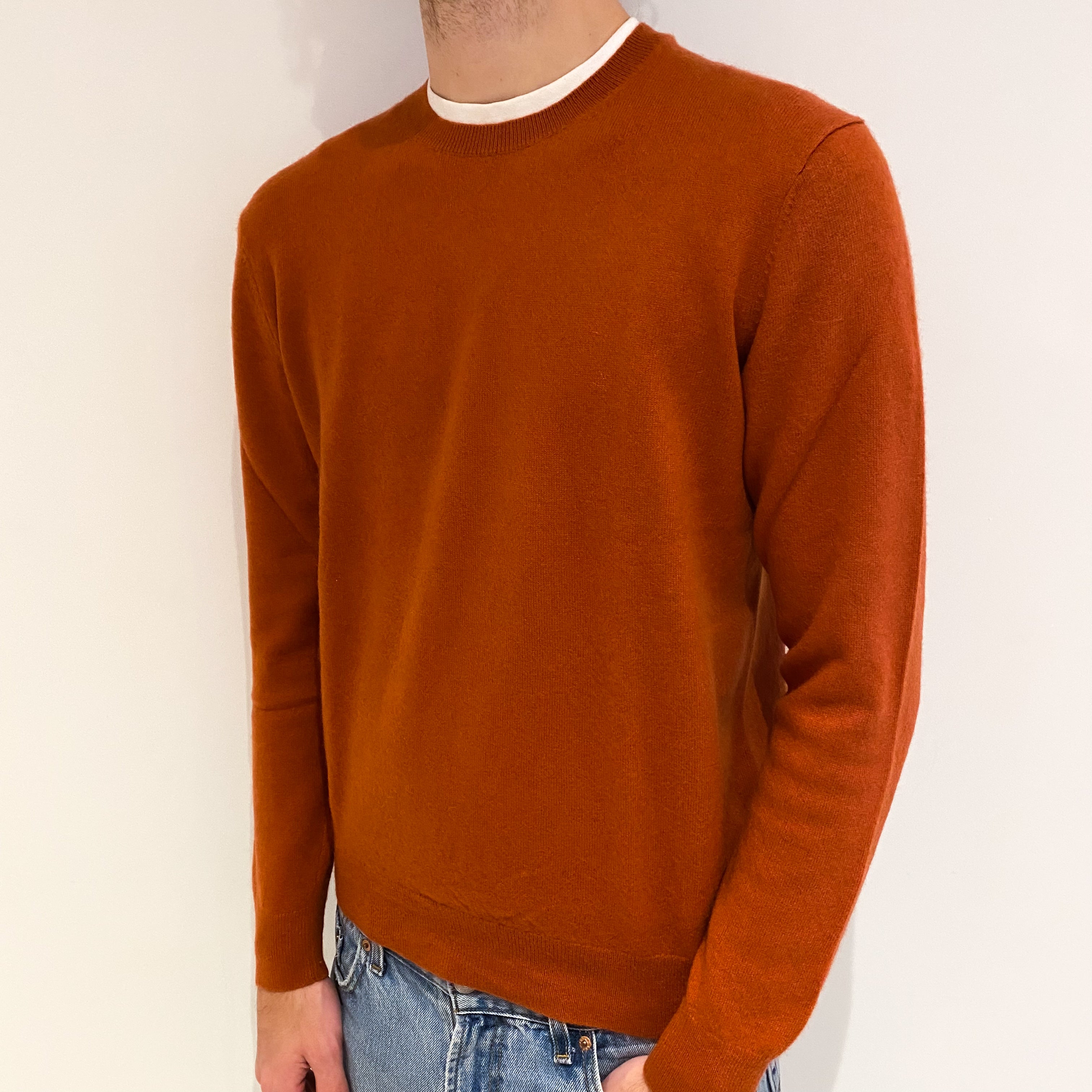 Men's Burnt Orange Cashmere Crew Neck Jumper Large