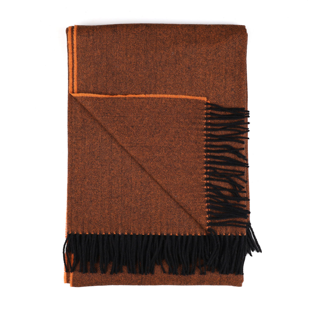 Brand New Scottish Sienna Orange and Black Herringbone Luxury Woven Cashmere Blanket