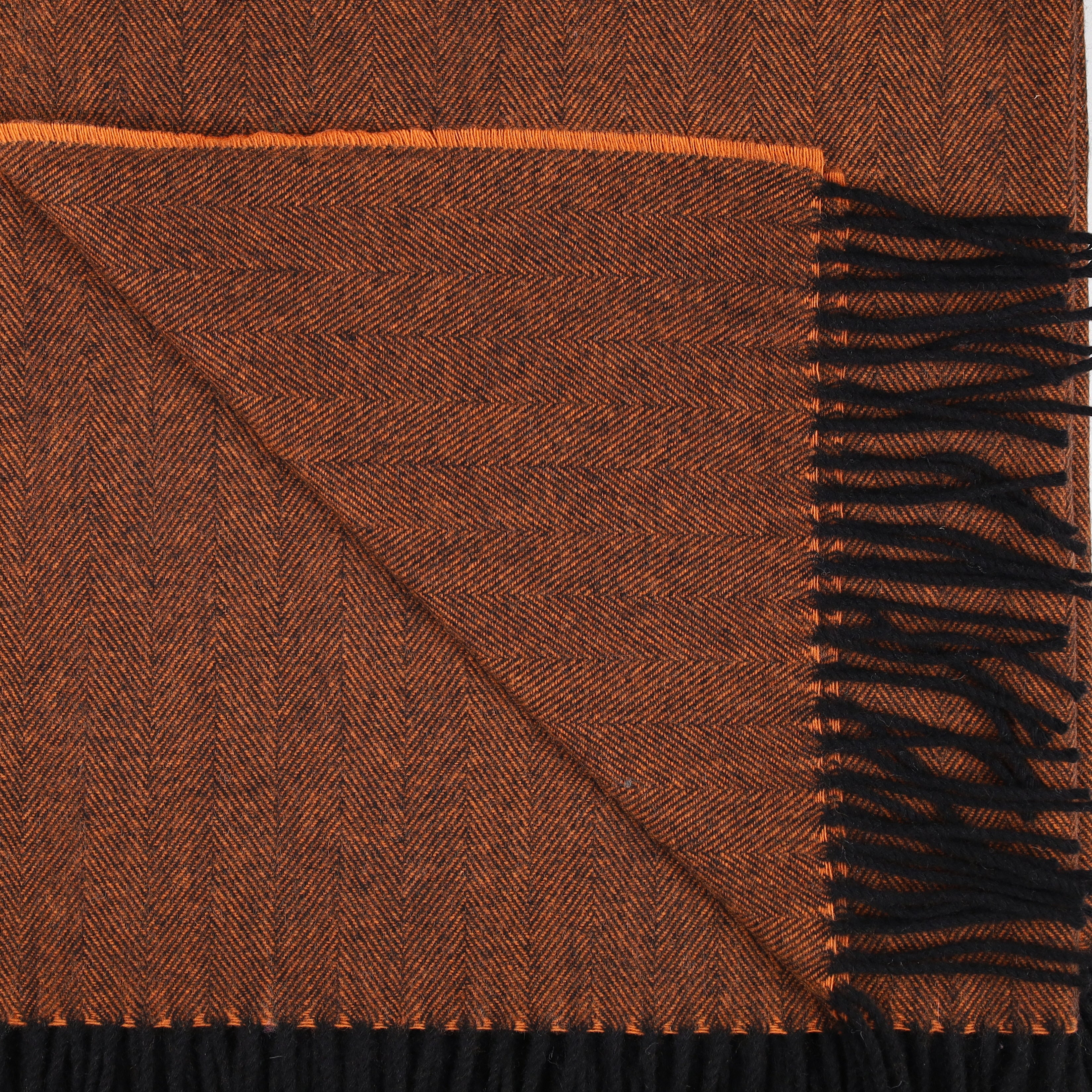 Brand New Scottish Sienna Orange and Black Herringbone Luxury Woven Cashmere Blanket