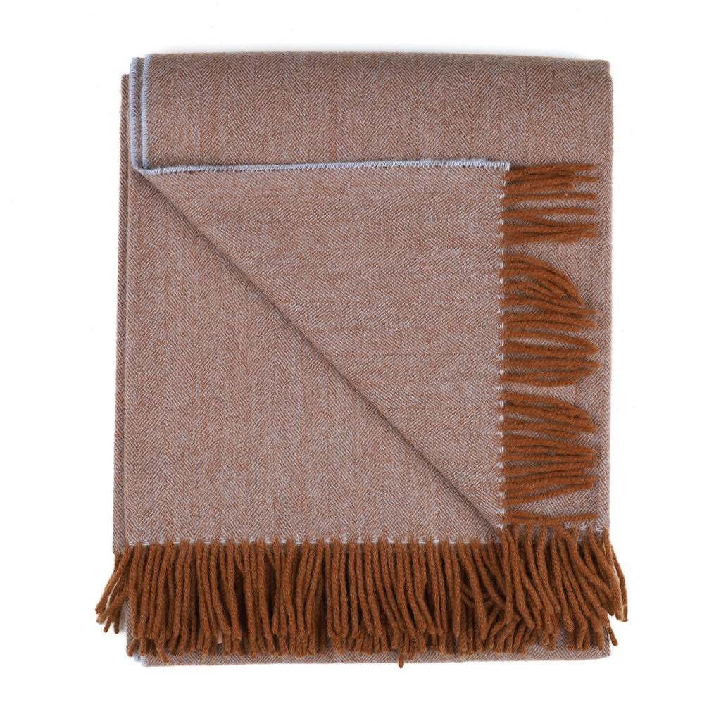 Brand New Scottish Cinnamon and Baby Blue Herringbone Luxury Woven Cashmere Blanket