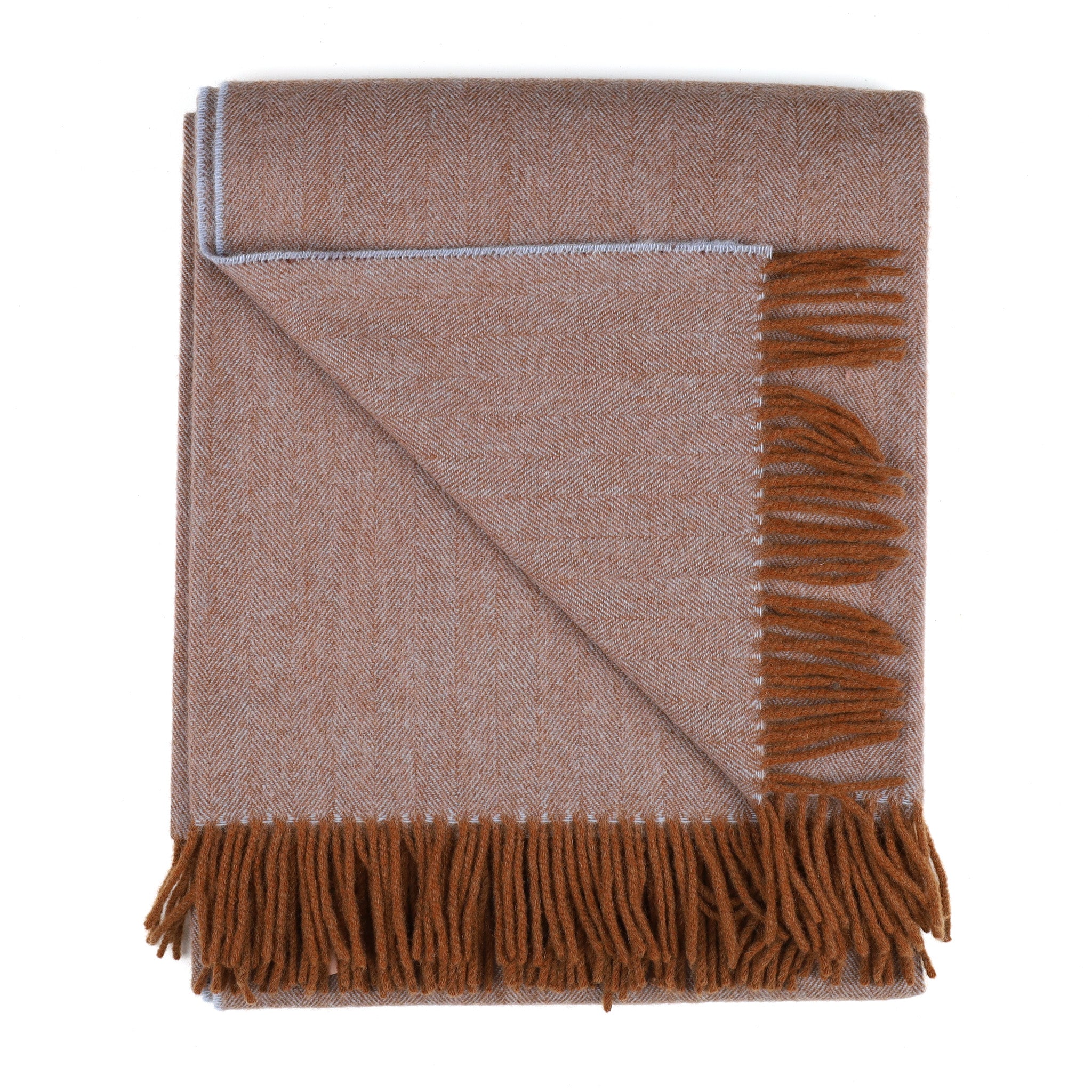 Brand New Scottish Cinnamon and Baby Blue Herringbone Luxury Woven Cashmere Blanket