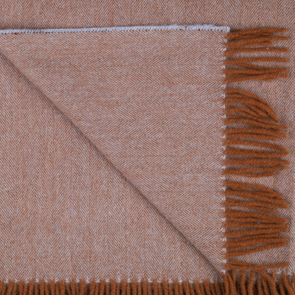 Brand New Scottish Cinnamon and Baby Blue Herringbone Luxury Woven Cashmere Blanket