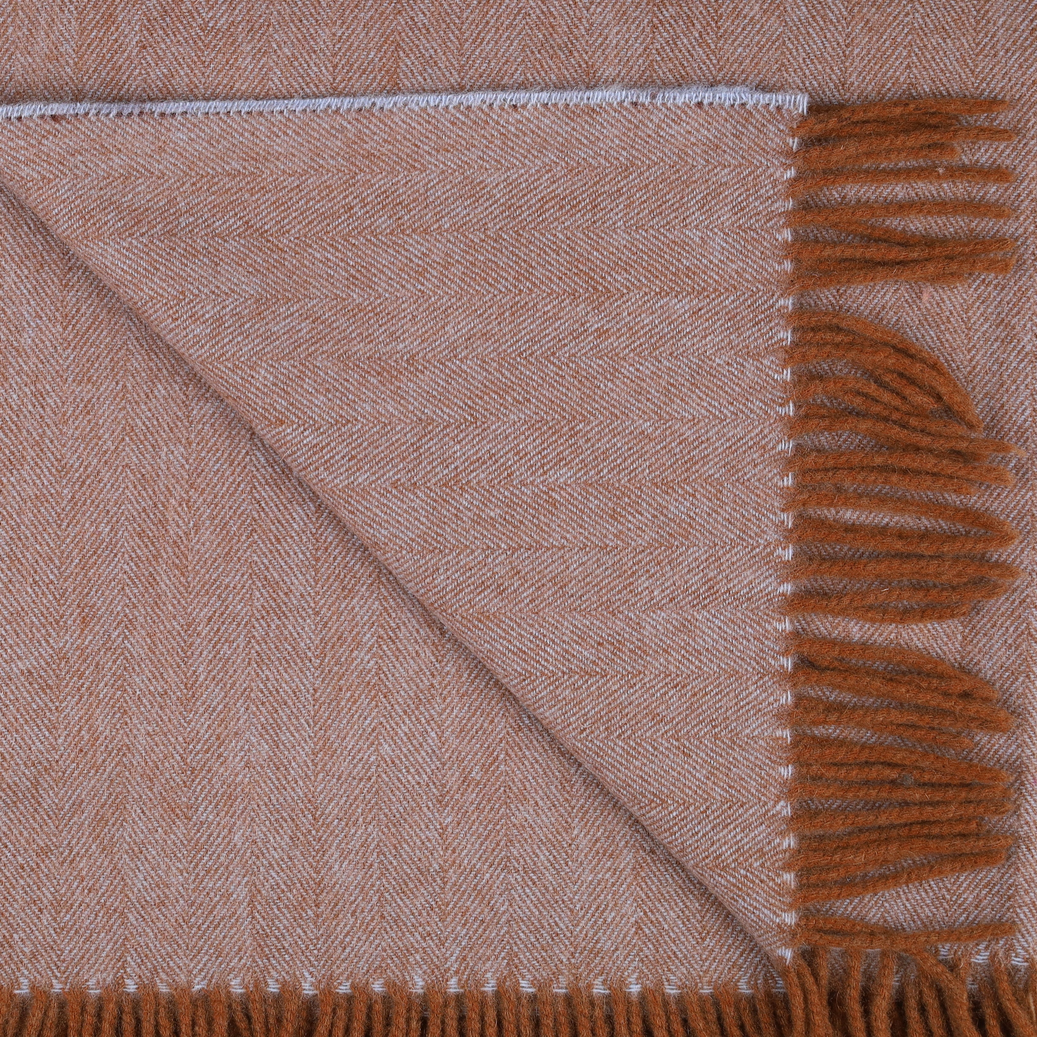 Brand New Scottish Cinnamon and Baby Blue Herringbone Luxury Woven Cashmere Blanket