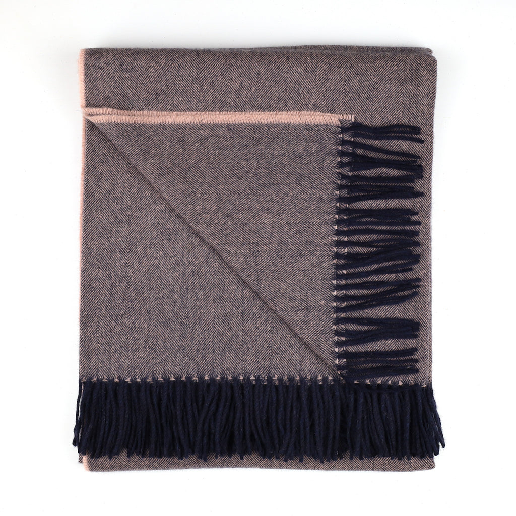 Brand New Scottish Navy and Nude Pink Herringbone Luxury Woven Cashmere Blanket
