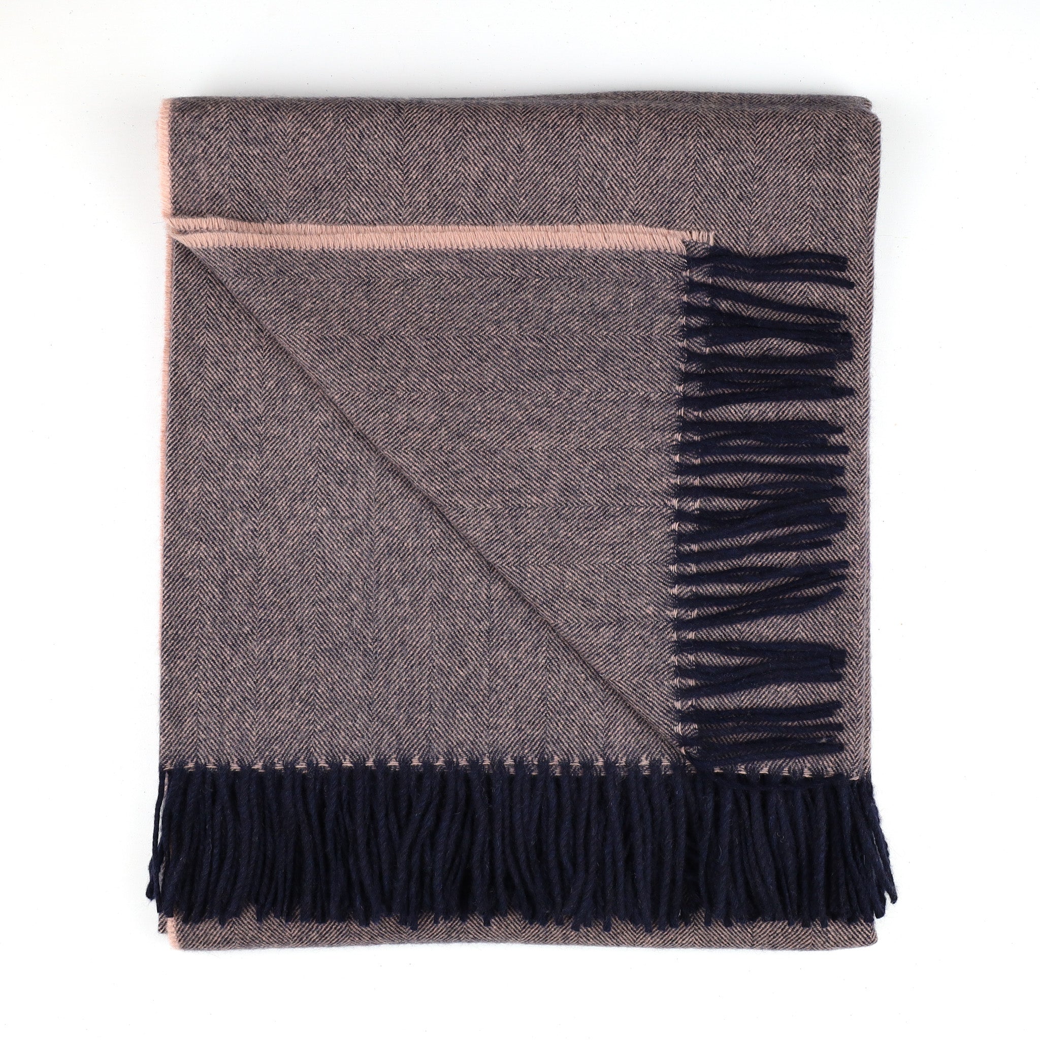Brand New Scottish Navy and Nude Pink Herringbone Luxury Woven Cashmere Blanket