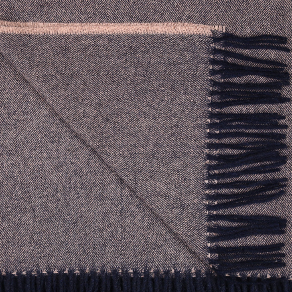 Brand New Scottish Navy and Nude Pink Herringbone Luxury Woven Cashmere Blanket