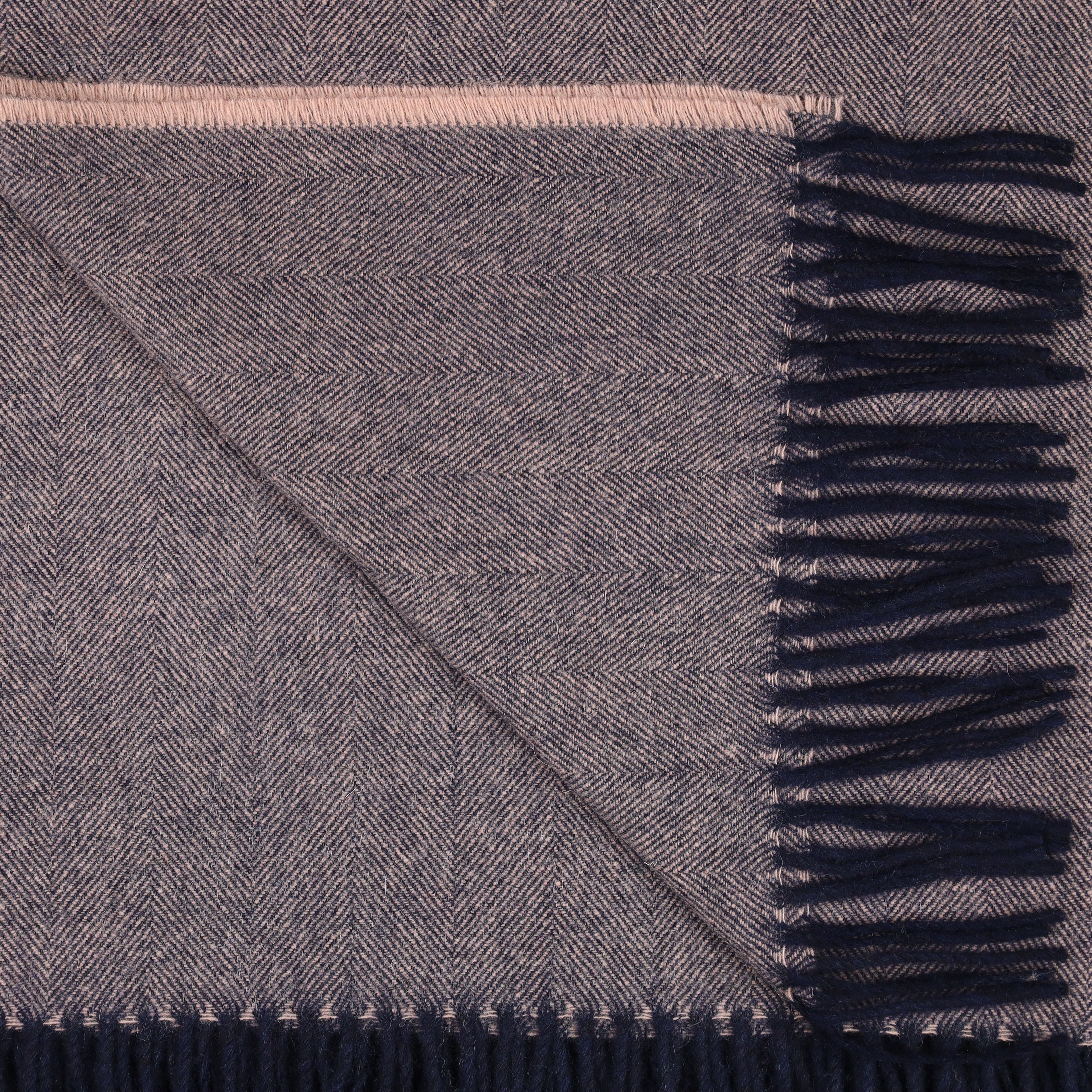 Brand New Scottish Navy and Nude Pink Herringbone Luxury Woven Cashmere Blanket