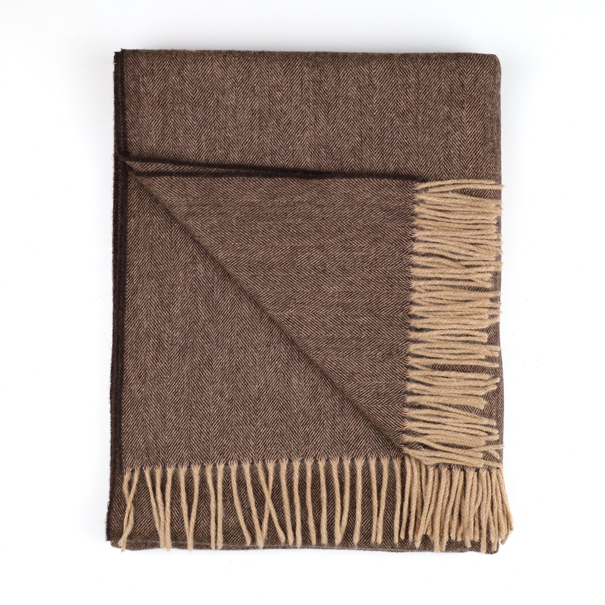 Brand New Scottish Camel and Dark Chocolate Herringbone Luxury Woven Cashmere Blanket