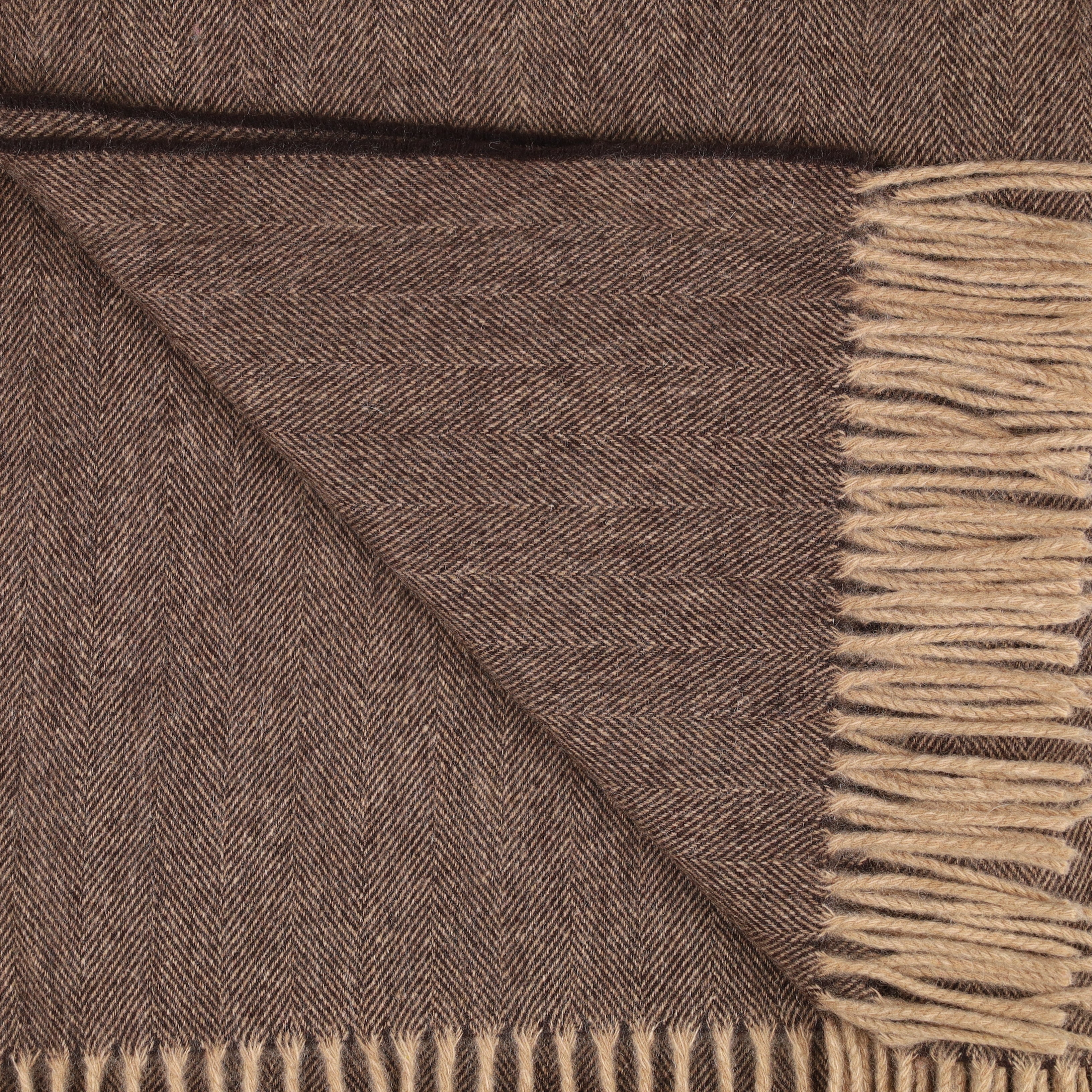 Brand New Scottish Camel and Dark Chocolate Herringbone Luxury Woven Cashmere Blanket