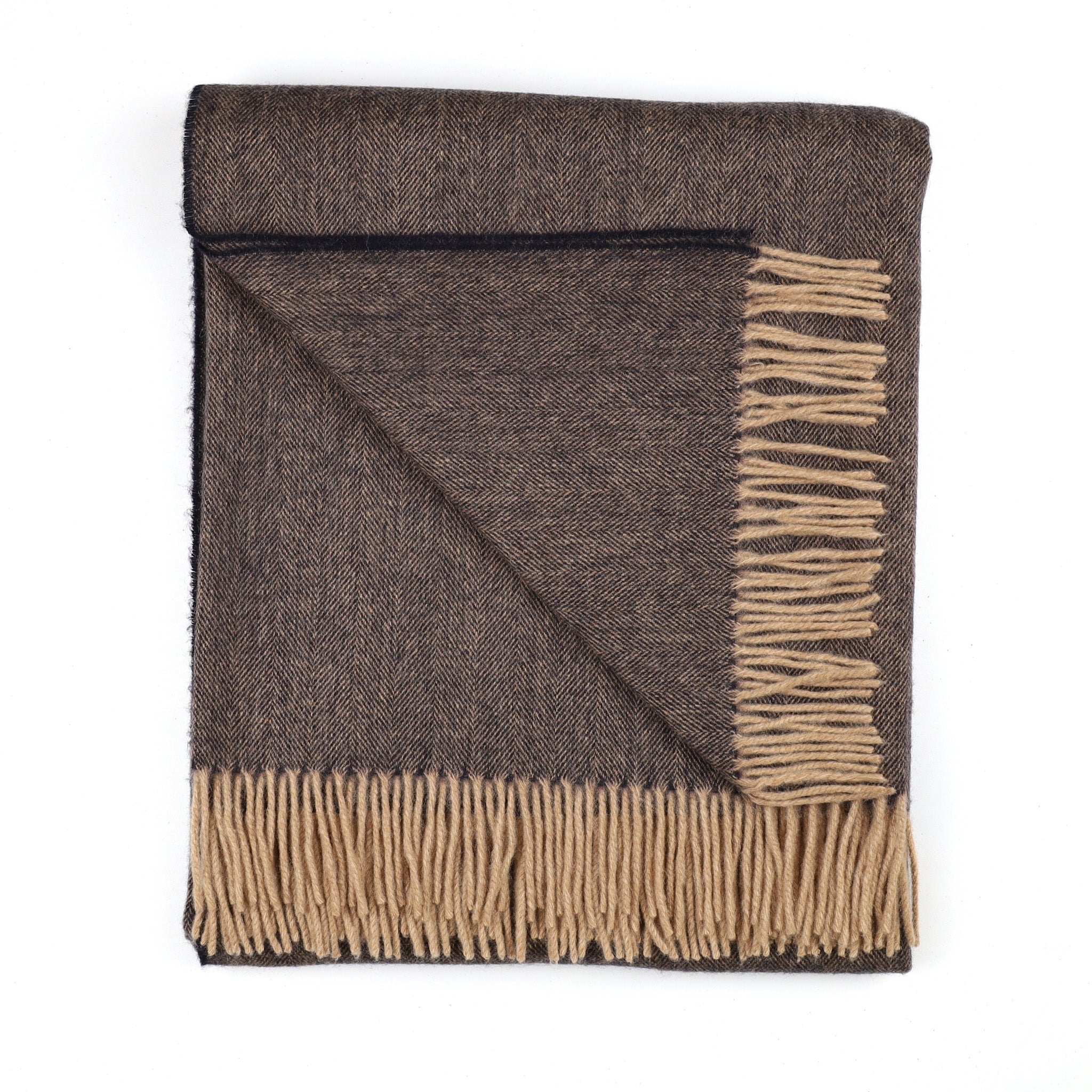 Brand New Scottish Camel and Black Herringbone Luxury Woven Cashmere Blanket