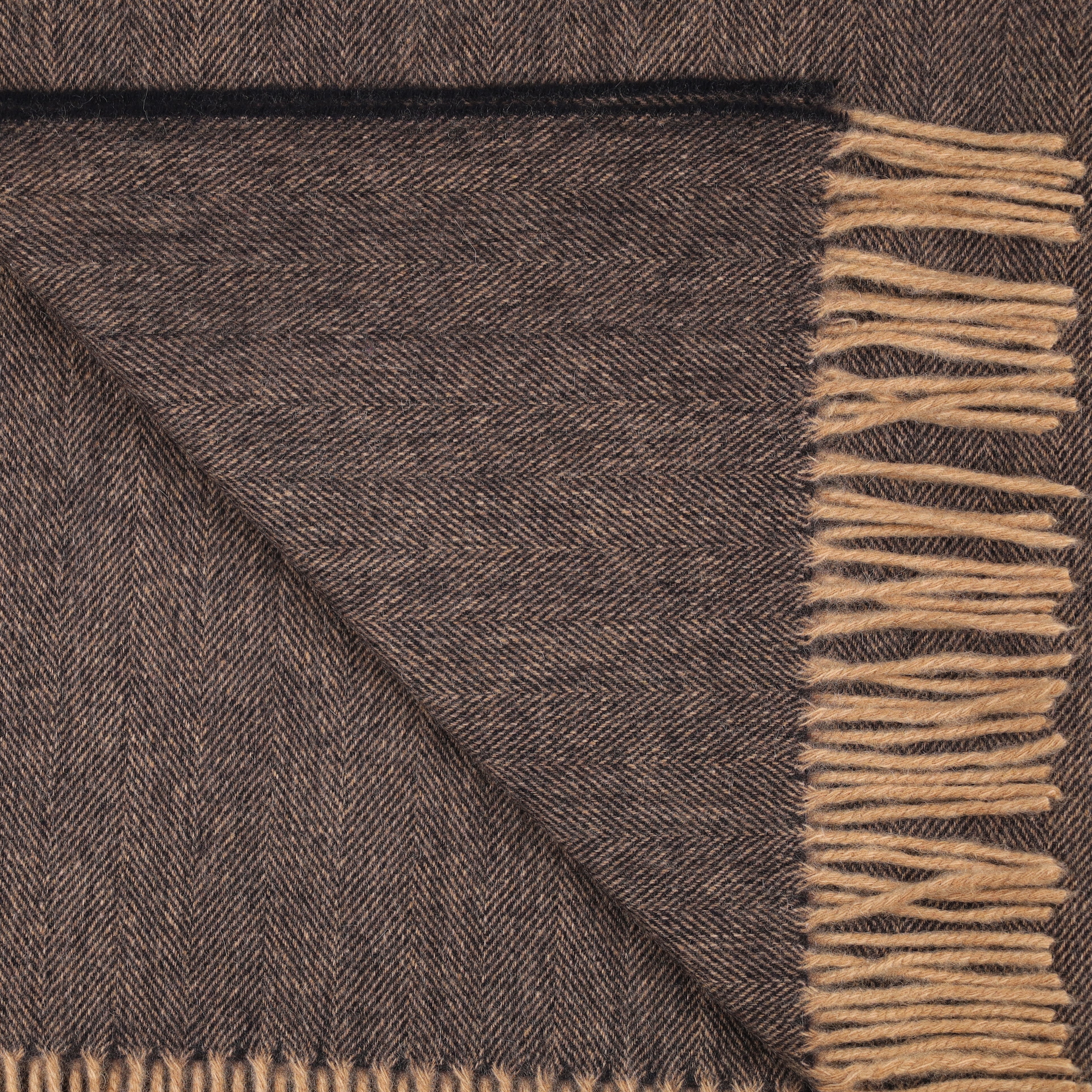 Brand New Scottish Camel and Black Herringbone Luxury Woven Cashmere Blanket