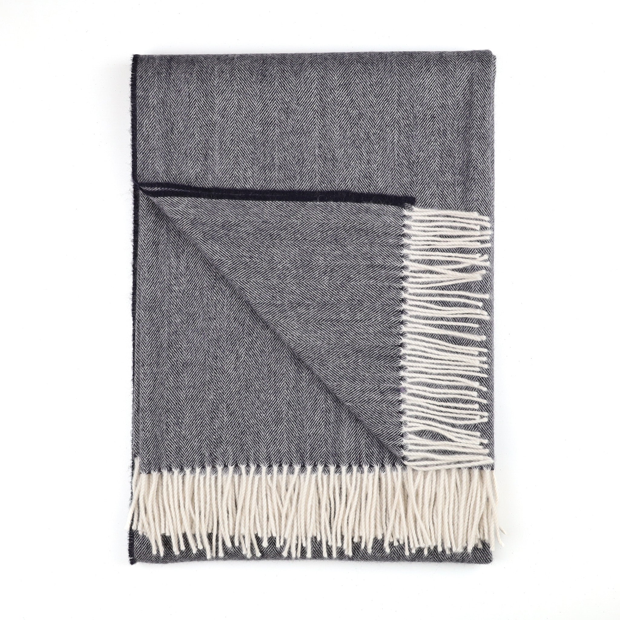 Brand New Scottish Darkest Navy and Winter White Herringbone Luxury Woven Cashmere Blanket