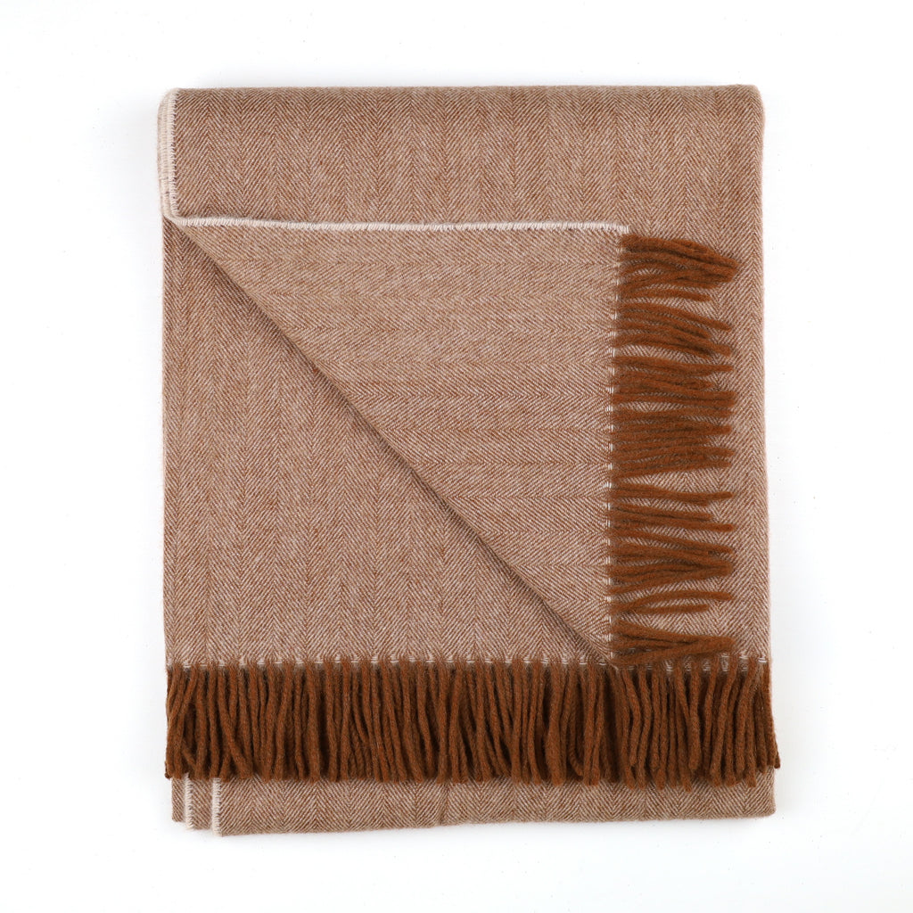 Brand New Scottish Cinnamon and Oatmeal Herringbone Luxury Woven Cashmere Blanket