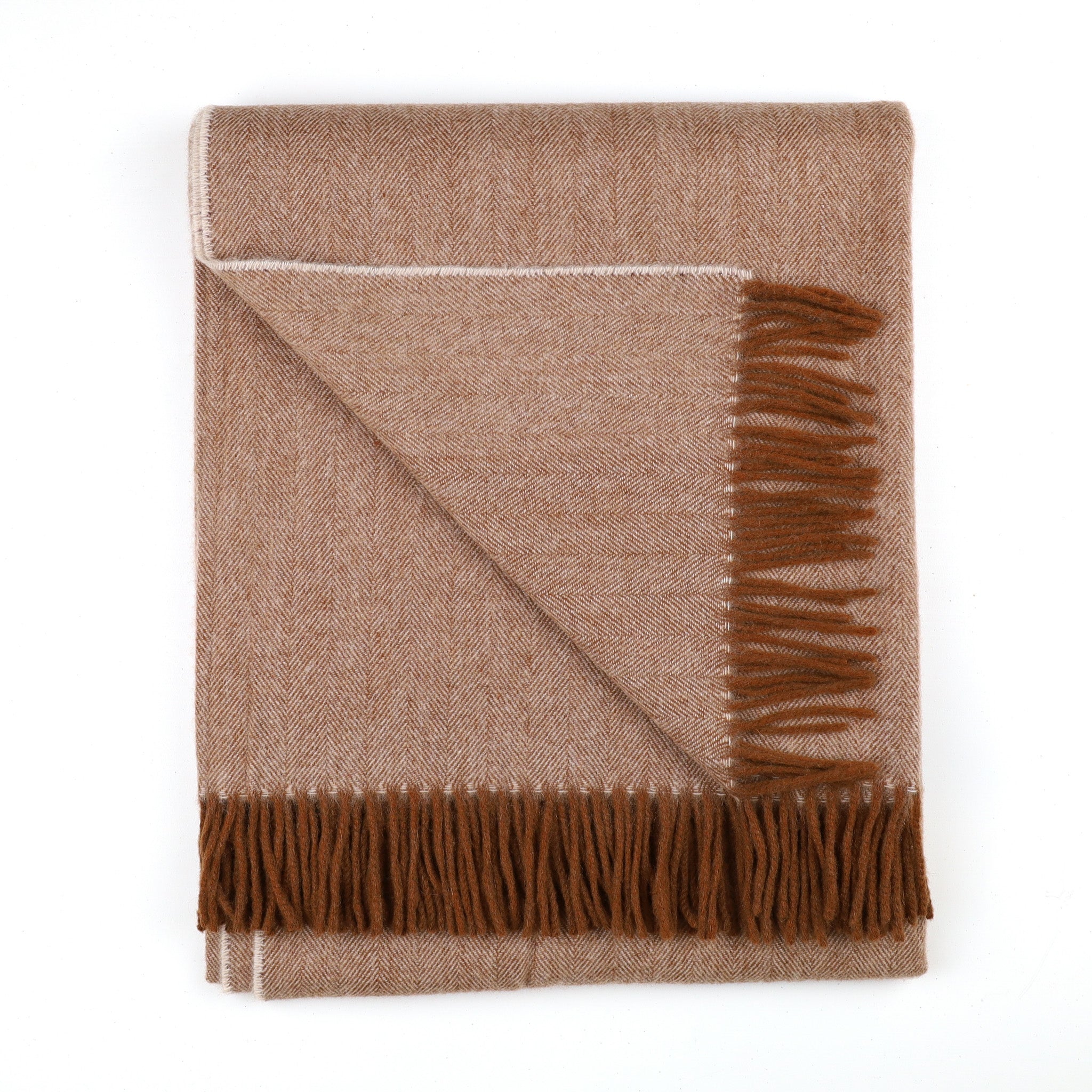 Brand New Scottish Cinnamon and Oatmeal Herringbone Luxury Woven Cashmere Blanket