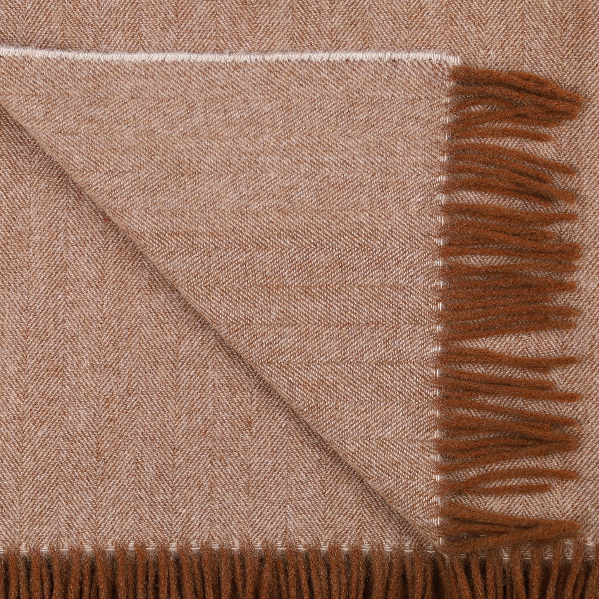 Brand New Scottish Cinnamon and Oatmeal Herringbone Luxury Woven Cashmere Blanket