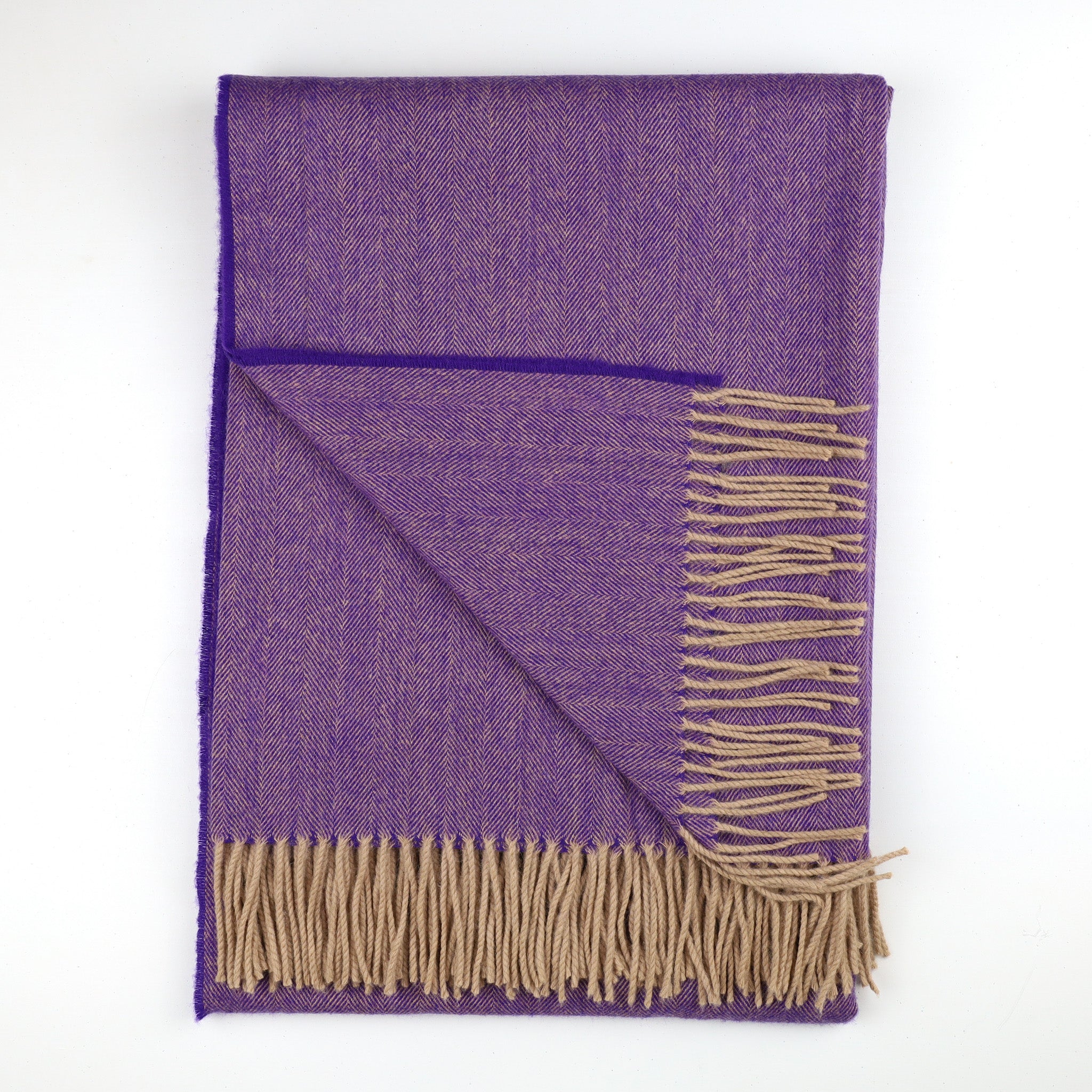 Brand New Scottish Regal Purple and Beige Herringbone Luxury Woven Cashmere Blanket
