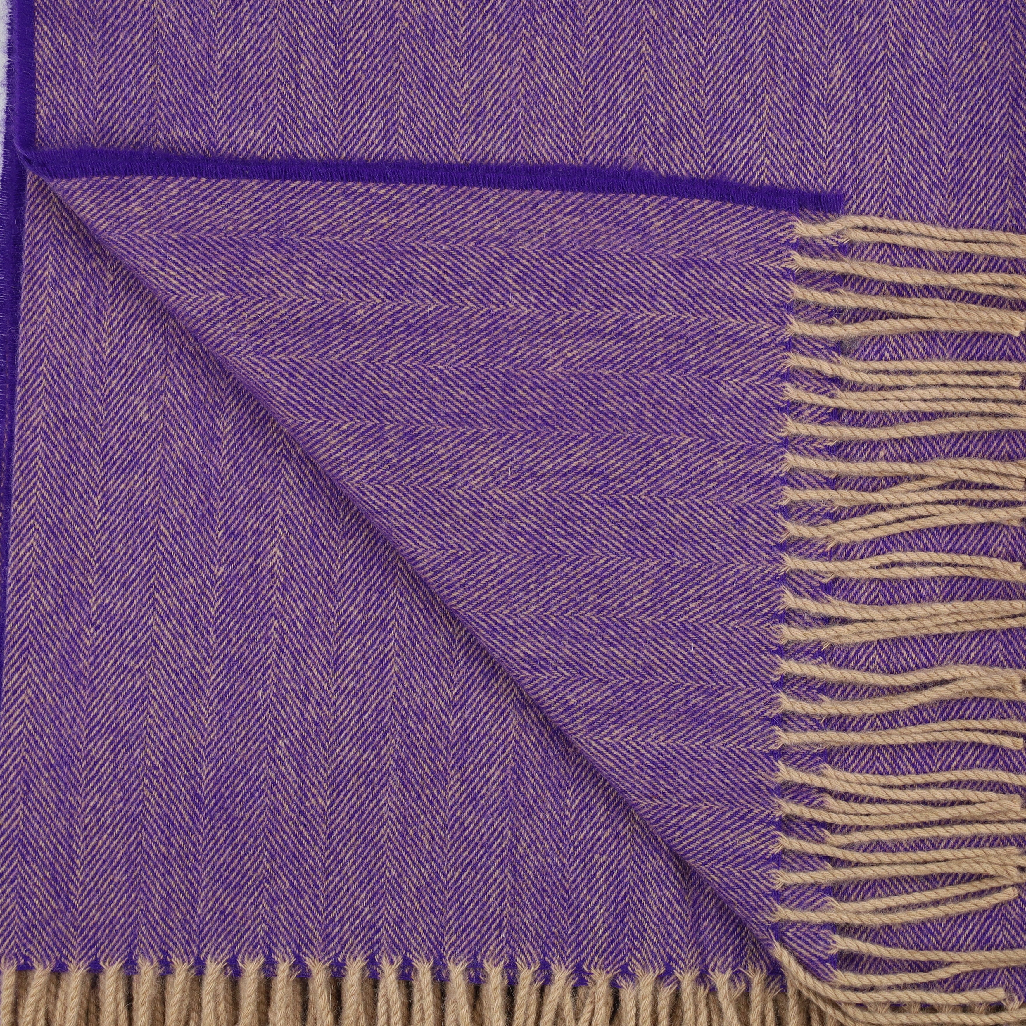 Brand New Scottish Regal Purple and Beige Herringbone Luxury Woven Cashmere Blanket
