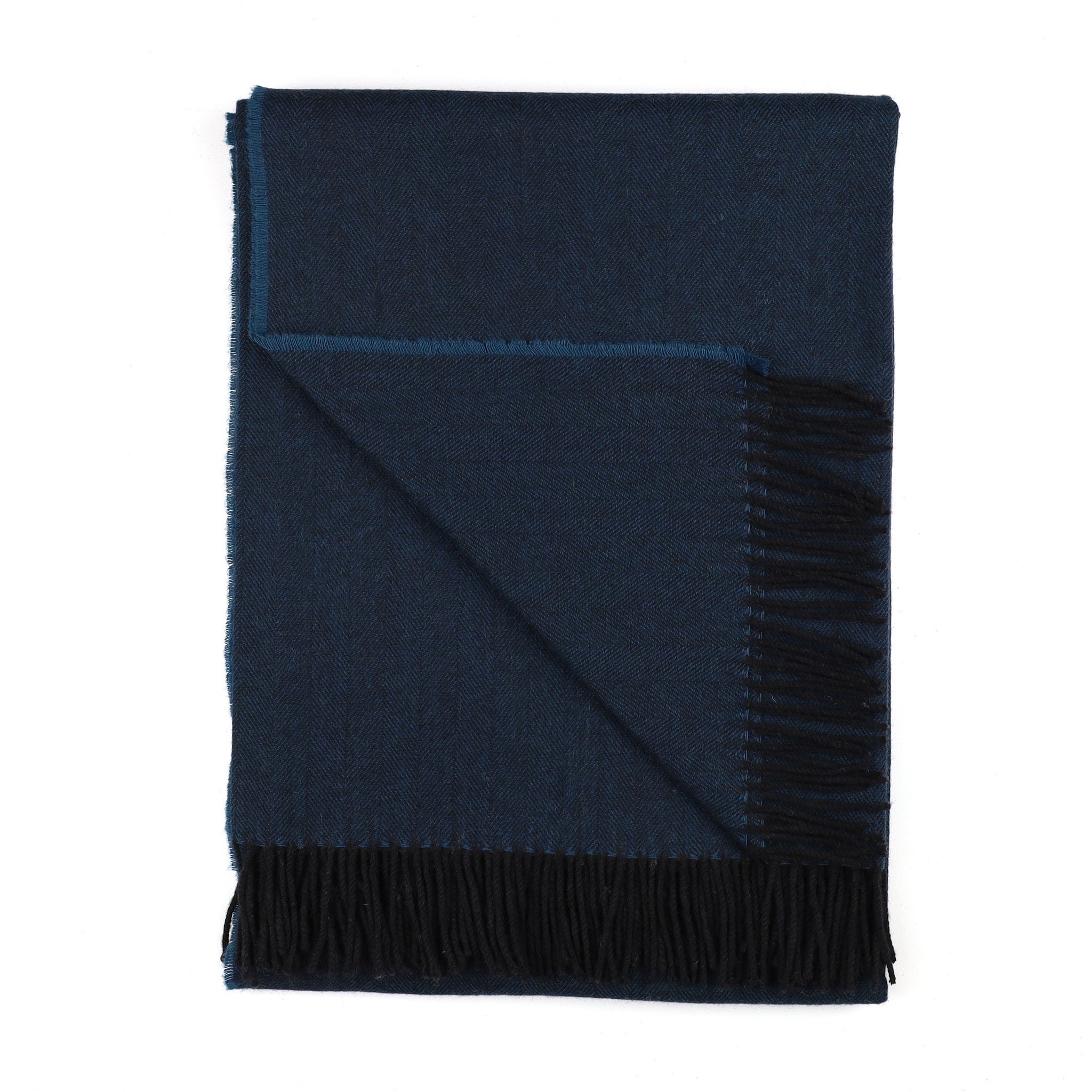 Brand New Scottish Deep Petrol Blue Herringbone Luxury Woven Cashmere Blanket